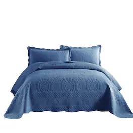 MarCielo - 3 Piece 100% Cotton Oversized Bedspread Lightweight Quilt Set - Midtone Blue