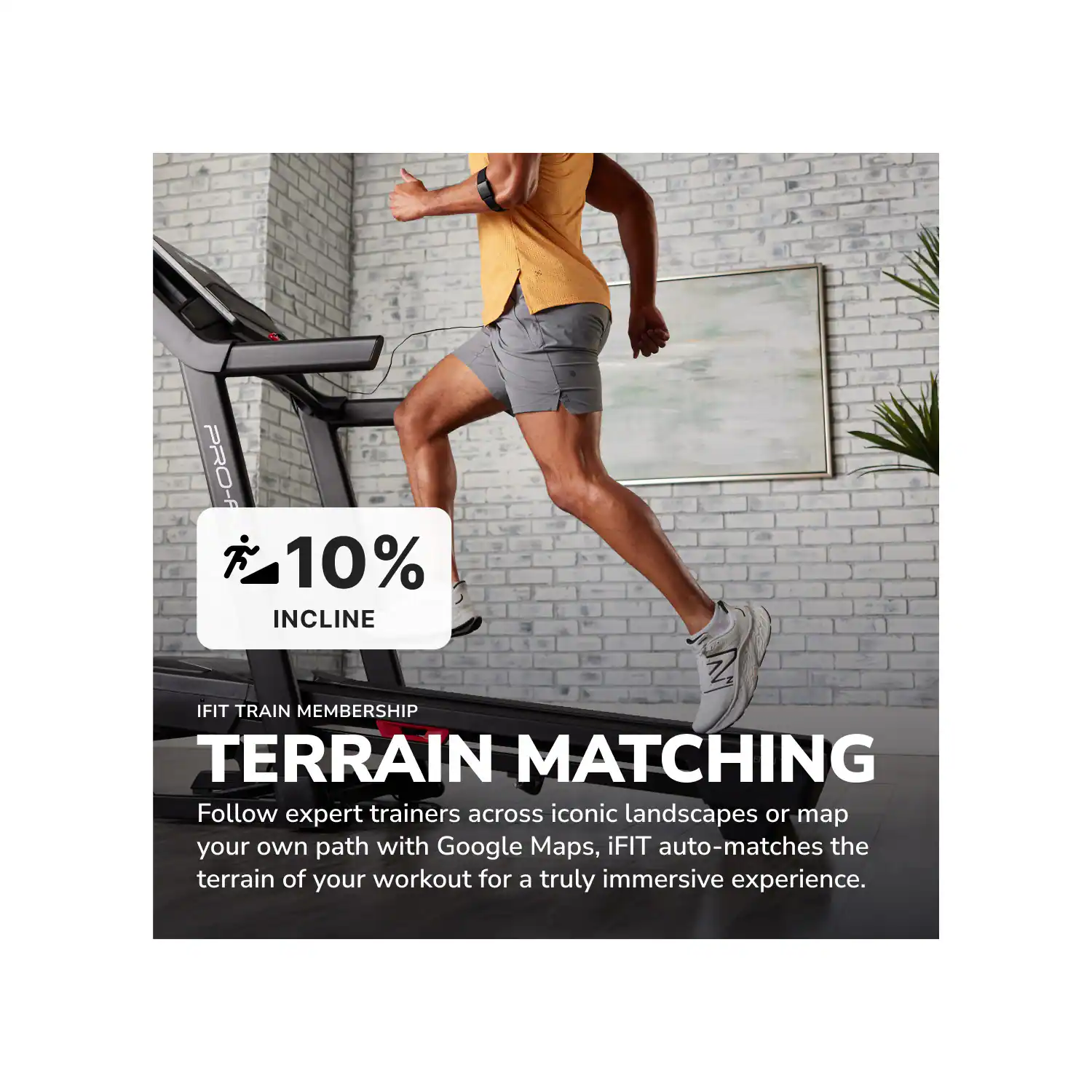 PRO-F 10% INCLINE Z IFIT TRAIN MEMBERSHIP TERRAIN MATCHING

Follow expert trainers across iconic landscapes or map your own path with Google Maps, iFIT auto-matches the terrain of your workout for a truly immersive experience.