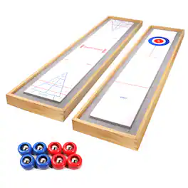 GSE Games & Sports Expert - 2-in-1 Solid Wood Mini Shuffleboard and Curling Tabletop Game Board Set with 8 Rollers Gifts - Blue/Red