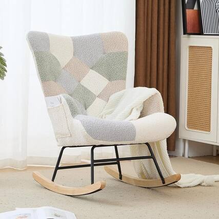 Front. Loheer - Loheer Nursery Rocking Chair Teddy Fleece Glider Rocker with Side Pocket Upholstered Accent Armchair Patchwork Yellow - Yellow.
