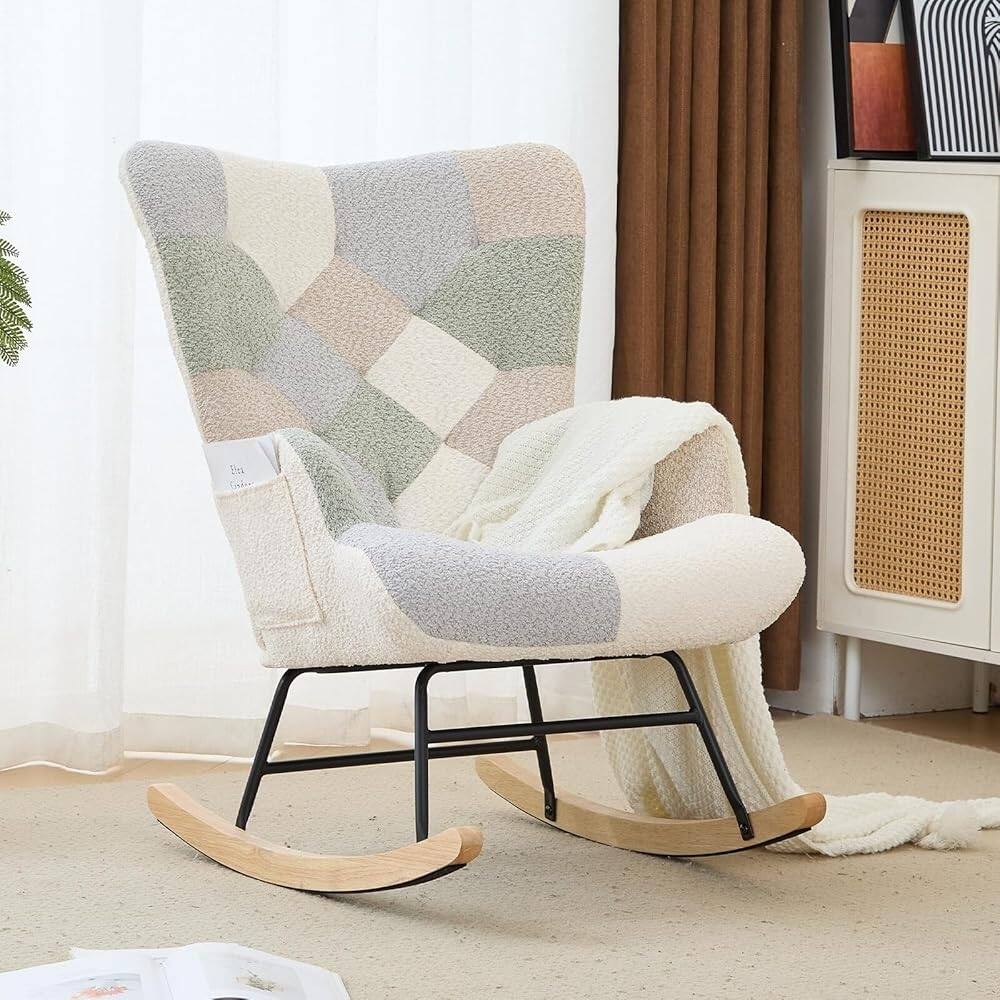 Front. Loheer - Loheer Nursery Rocking Chair Teddy Fleece Glider Rocker with Side Pocket Upholstered Accent Armchair Patchwork Yellow - Yellow.