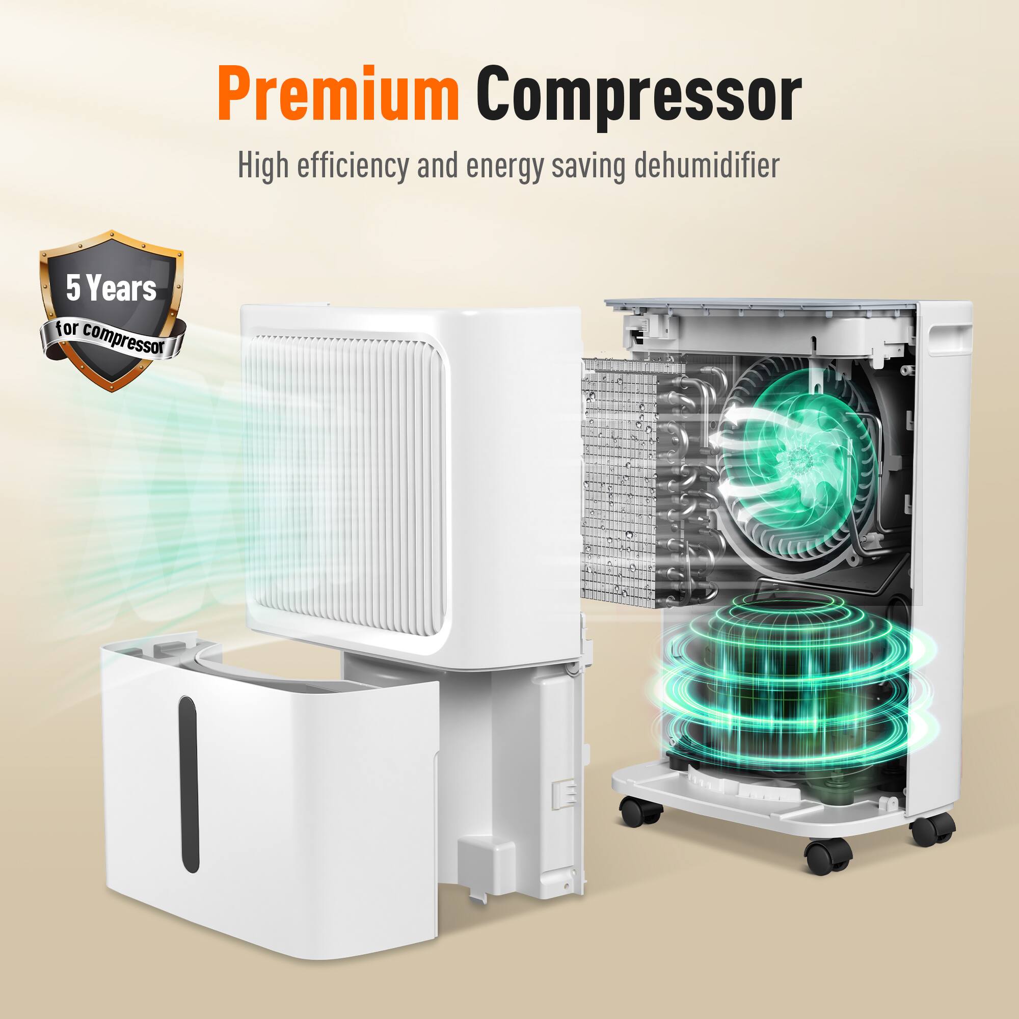 Premium Compressor  
High efficiency and energy saving dehumidifier  

5 Years for compressor
