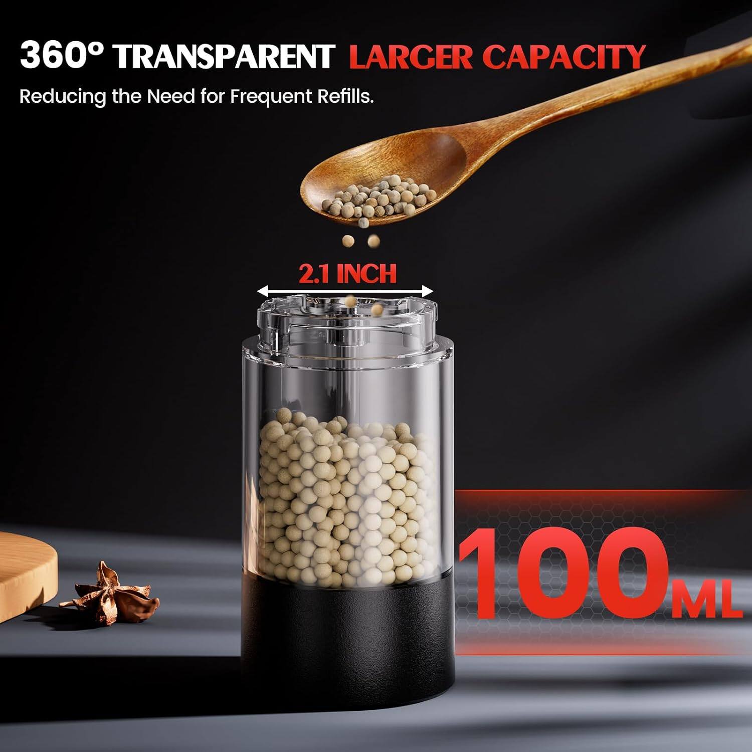 360° TRANSPARENT LARGER CAPACITY  
Reducing the Need for Frequent Refills.  
2.1 INCH  
100 ML