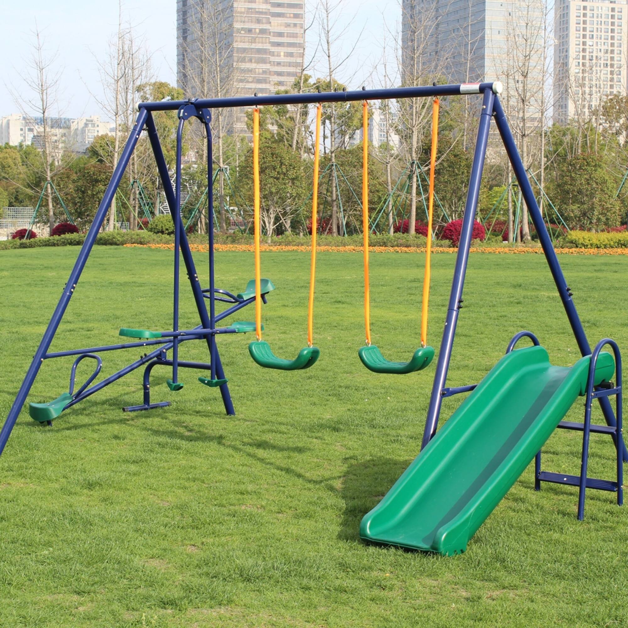 ELEMENT ACE - Heavy-Duty Steel Swing Set with Slide for Outdoor Playground Fun and Recreation