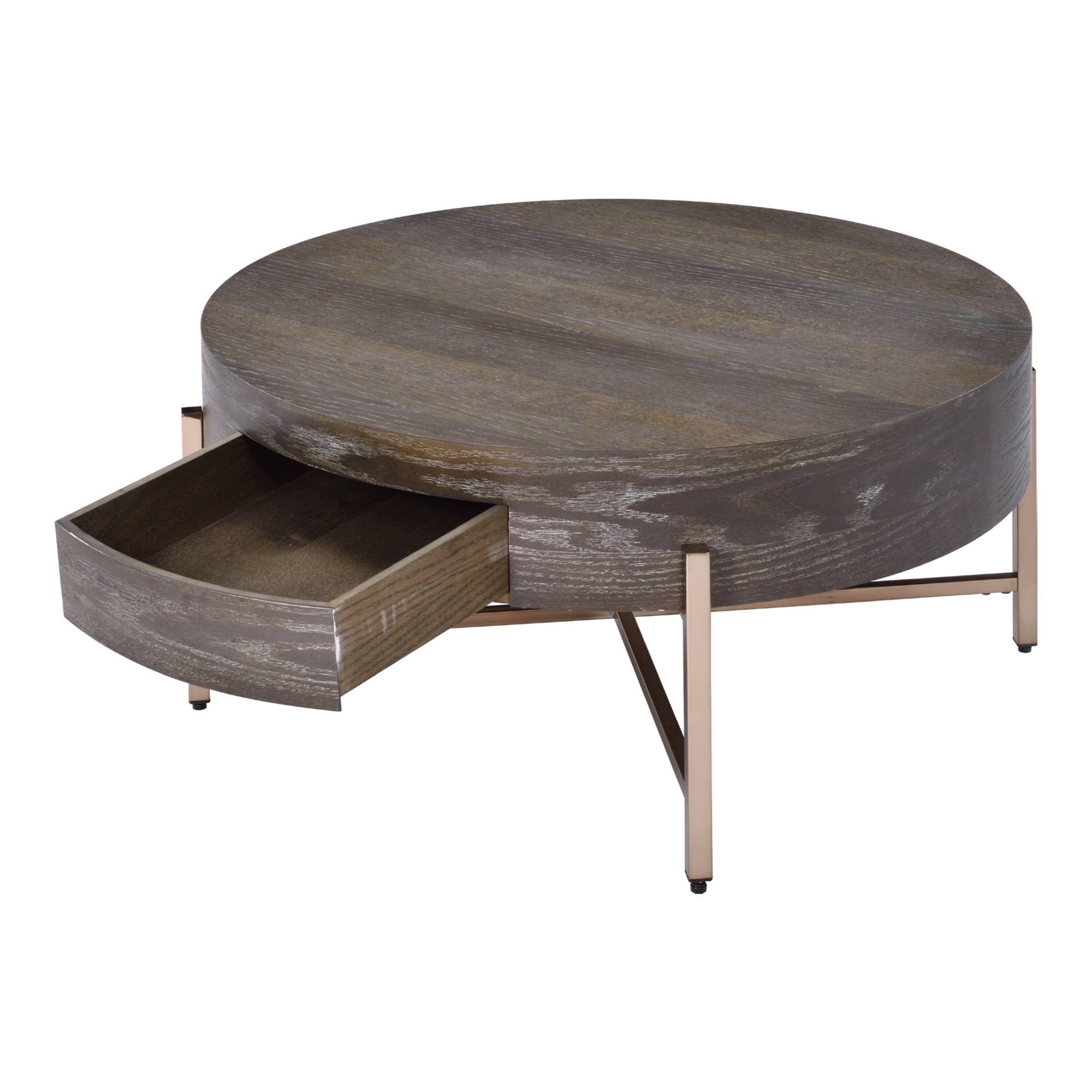 Alt View 2. Manhattan Lane - 1 Drawer Round Modern Coffee Table with Crossed Metal Legs - Brown, Gold.
