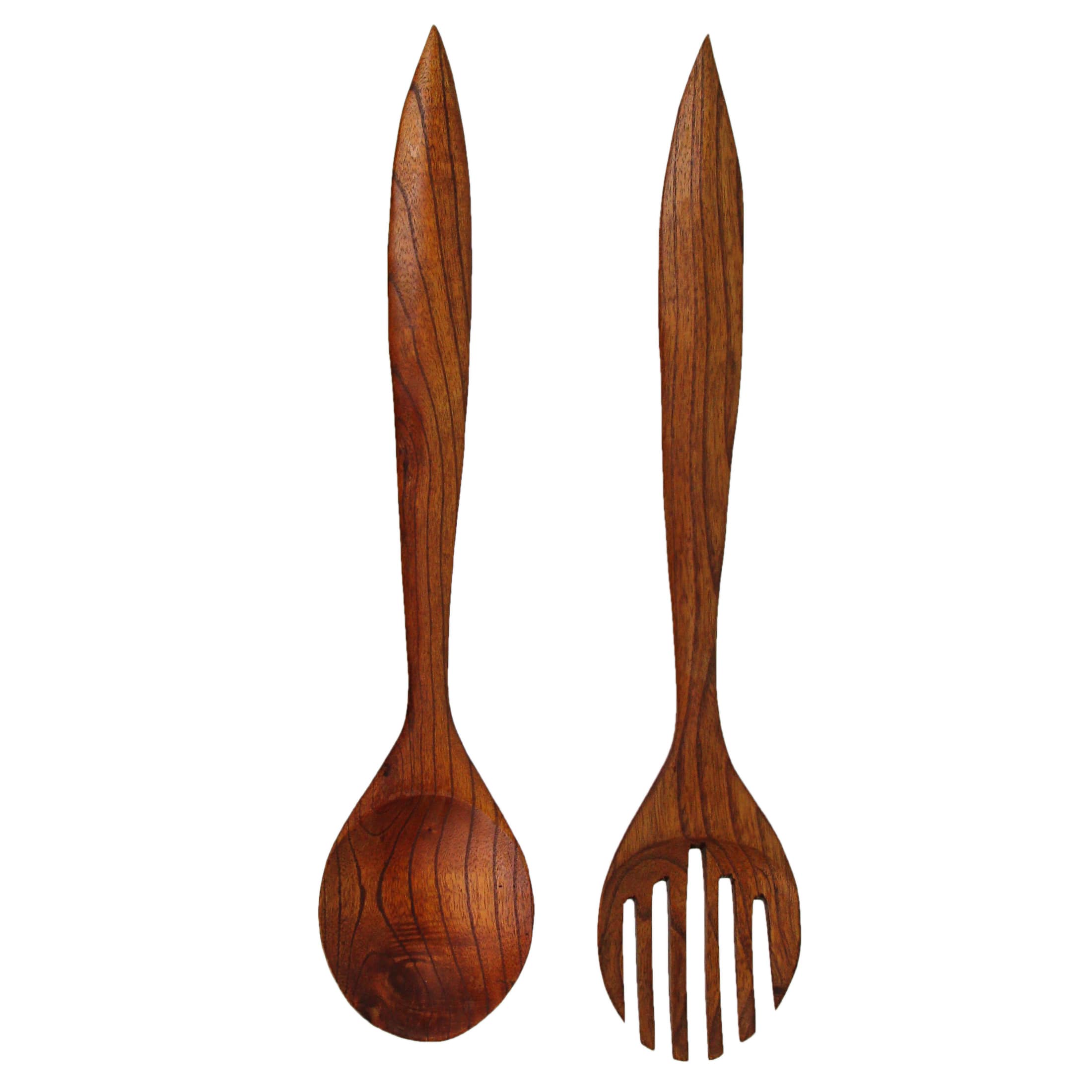 Zeckos - Set of 2 Modern Minimalist Wooden Fork & Spoon Sculpture Wall Hanging Home Decor - Brown