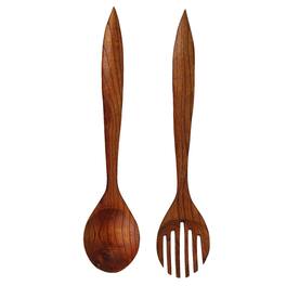 Zeckos - Set of 2 Modern Minimalist Wooden Fork & Spoon Sculpture Wall Hanging Home Decor - Brown
