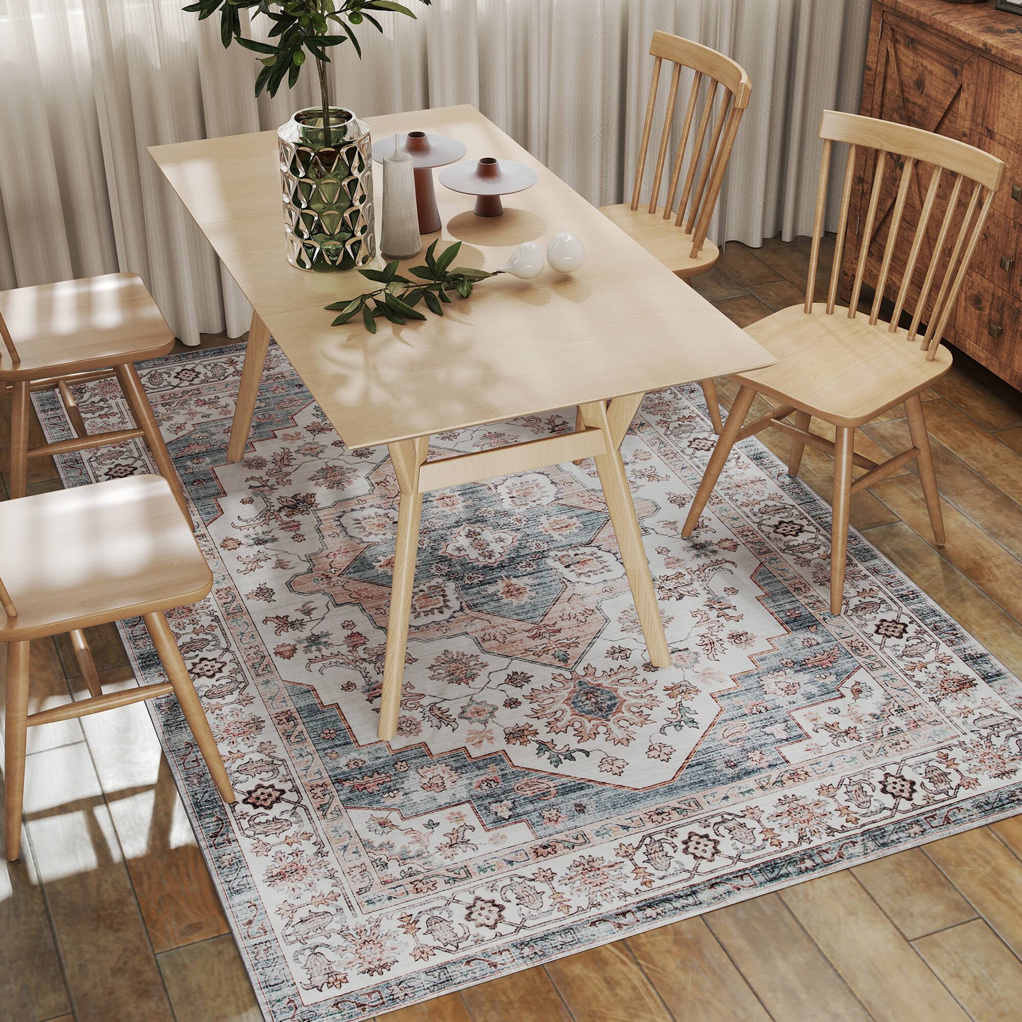 Alt View 8. Homcom - HOMCOM 5x7 Distress Rug: Mach-Wash Vintage Non-Slip Light Blue Carpet, Indoor Boho Area - Brown and Light Blue.