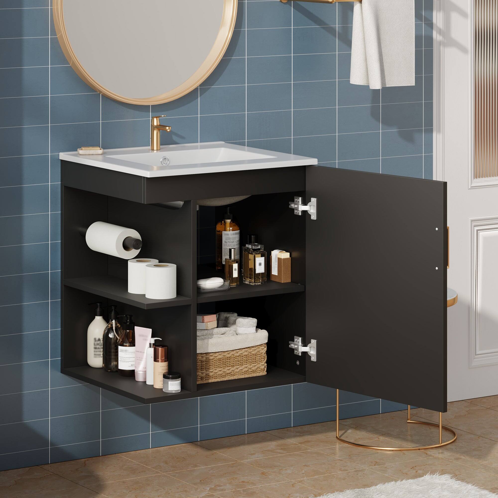 Alt View 2. Boyel Living - 20 Inch Wall Mounted Bathroom Vanity with Side Cabinet Ceramic Sink Black - Black.
