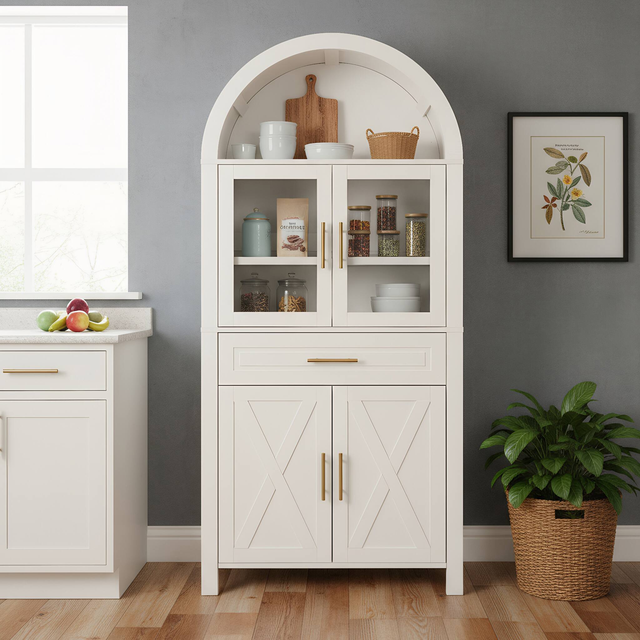 Angle. Spaco - Spaco 71" Arched Farmhouse Pantry Cabinet with Glass Door, Adjustable Shelves, Barn Door Design, for Kitchen Dining Room - White.