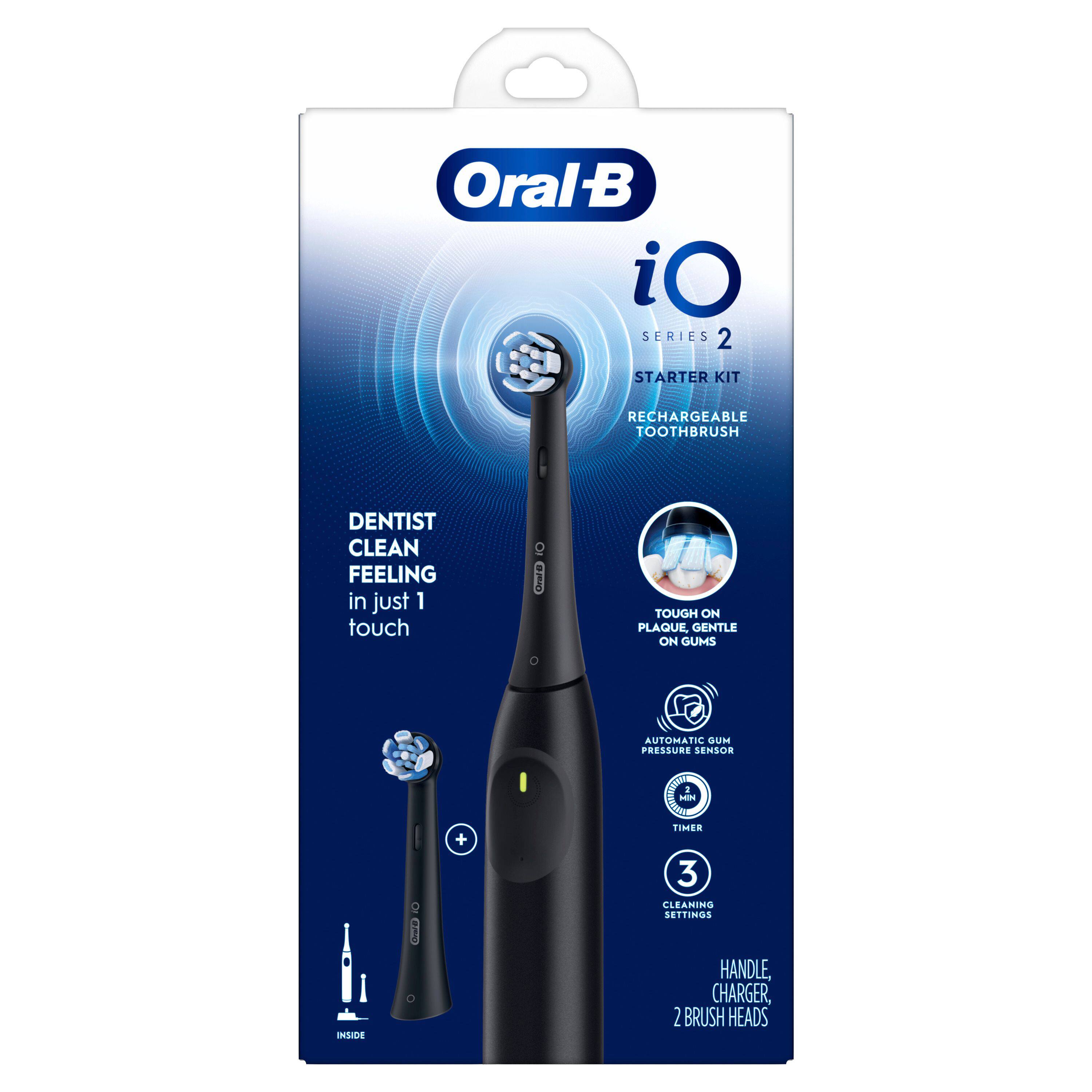 Oral B iO SERIES 2 STARTER KIT RECHARGEABLE TOOTHBRUSH  
DENTIST CLEAN FEELING in just 1 touch  
TOUGH ON PLAQUE, GENTLE ON GUMS  
+ AUTOMATIC GUM PRESSURE SENSOR  
+ MIN - FINE  
3 CLEANING SETTINGS  
HANDLE, CHARGER, 2 BRUSH HEADS
