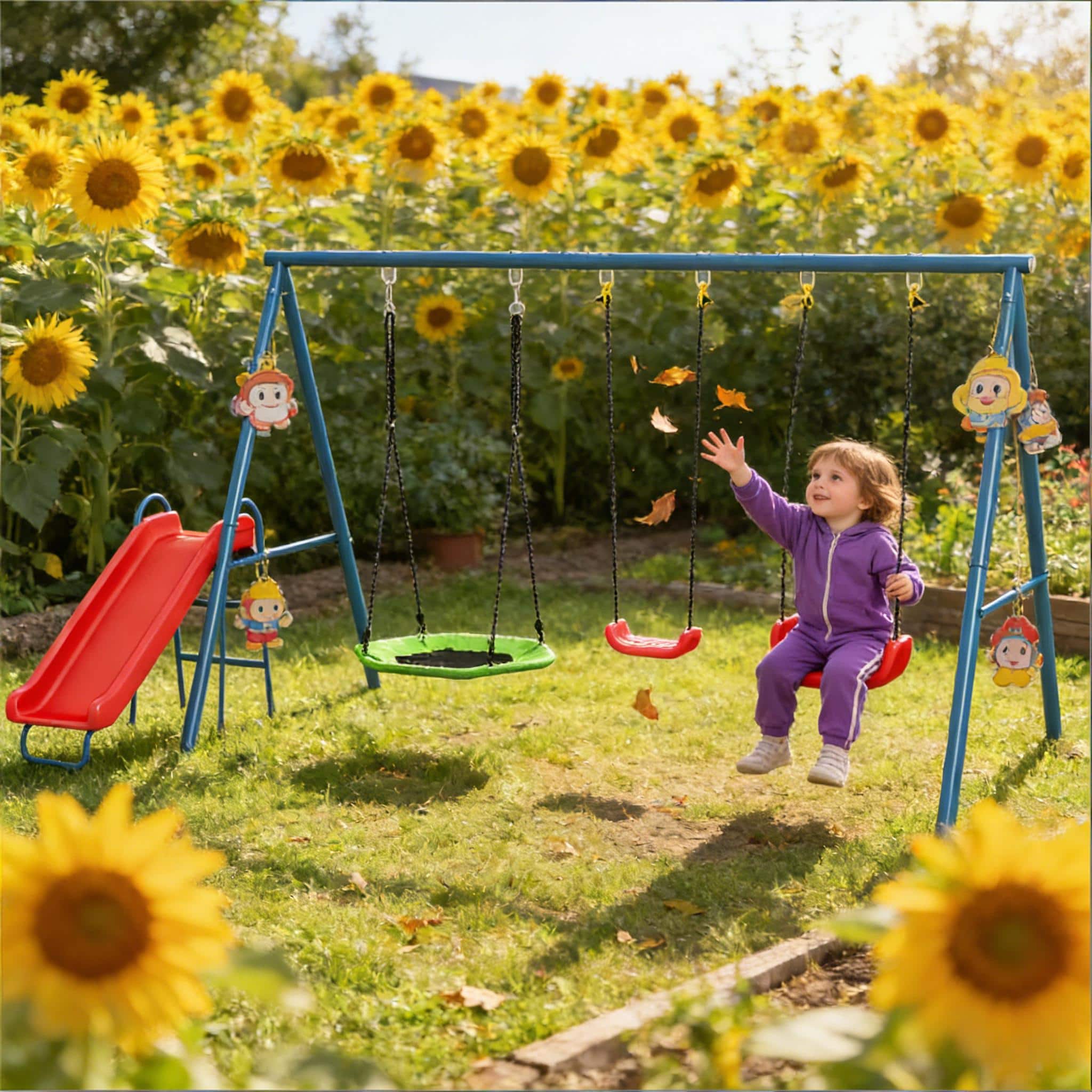 Siljoy - 3‑in‑1 Metal Swing Set with Nest Swing, Slide, 2 Seats, 352lb Capacity, for Backyard, Ages 3‑8 - Dark Blue,Green,Red