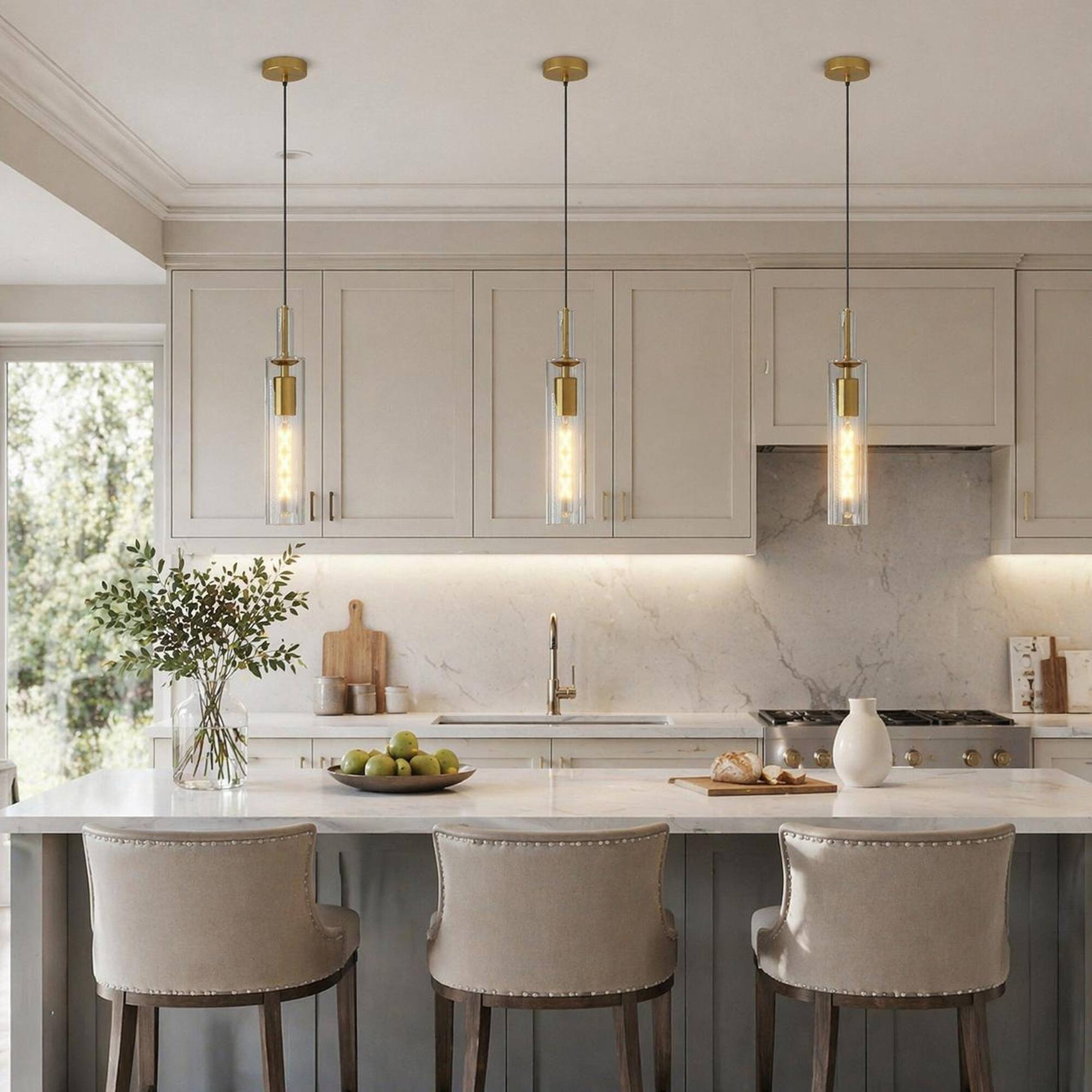 Angle. RYHNUYNE - Set of 3 Gold Pendant Lights with Clear Ribbed Glass Shades, Adjustable Ceiling Hanging Lamps for Kitchen Island.