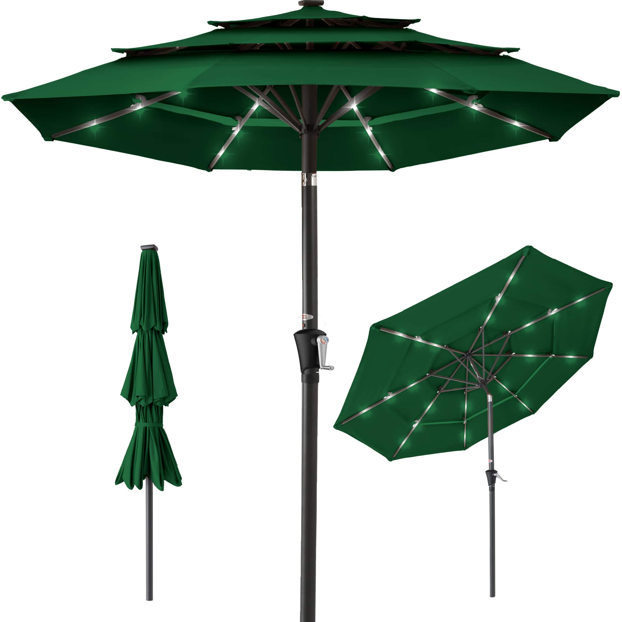 Front. Best Choice Products - Best Choice Products 10ft 3-Tier Solar Patio Umbrella w/ 24 LED Lights, Tilt Adjustment, Easy Crank - Green - Green.