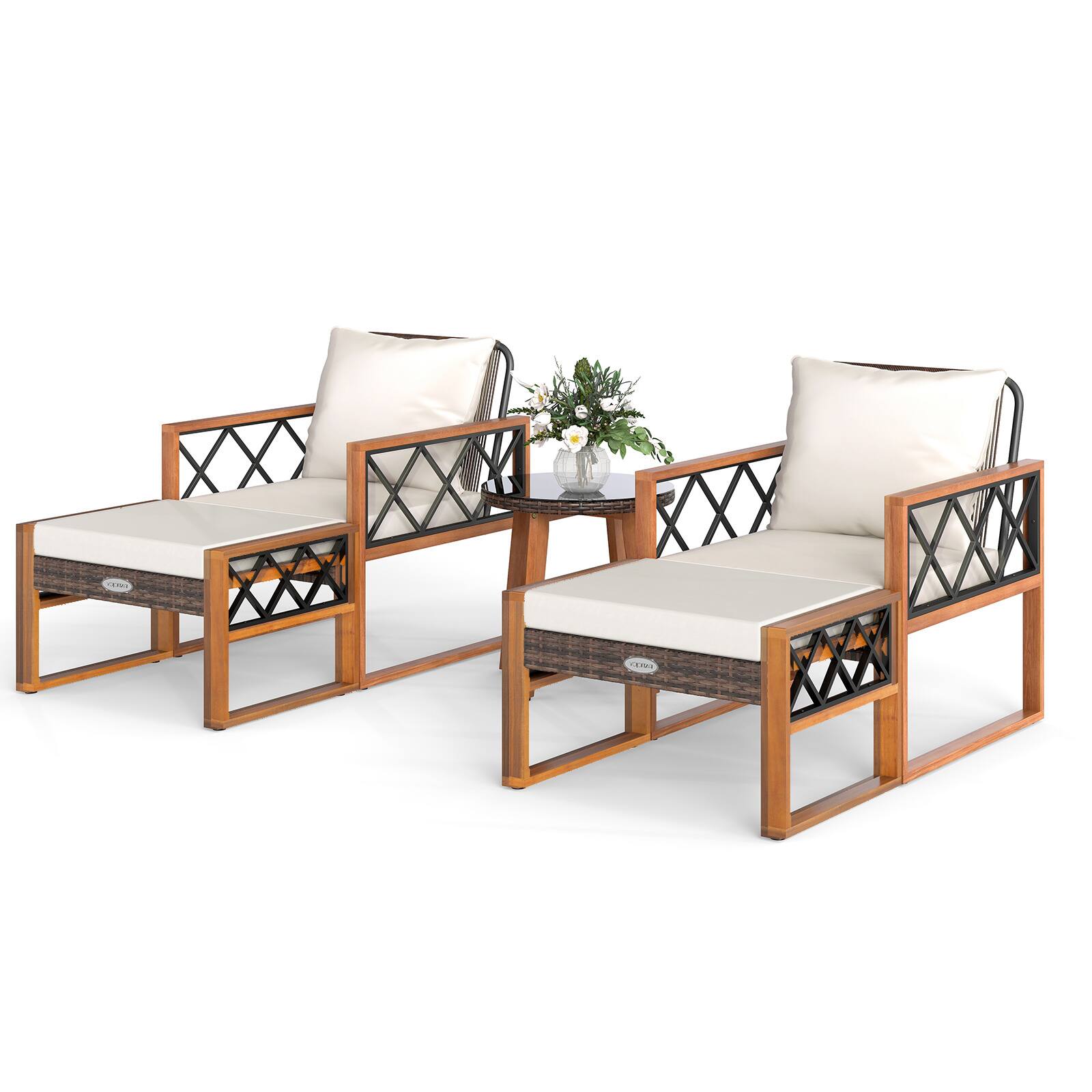 Alt View 4. Gymax - Gymax 5 PCS PE Rattan  Conversation Set w/Acacia Wood Table Chairs w/Ottomans Outdoor Brown - Brown.