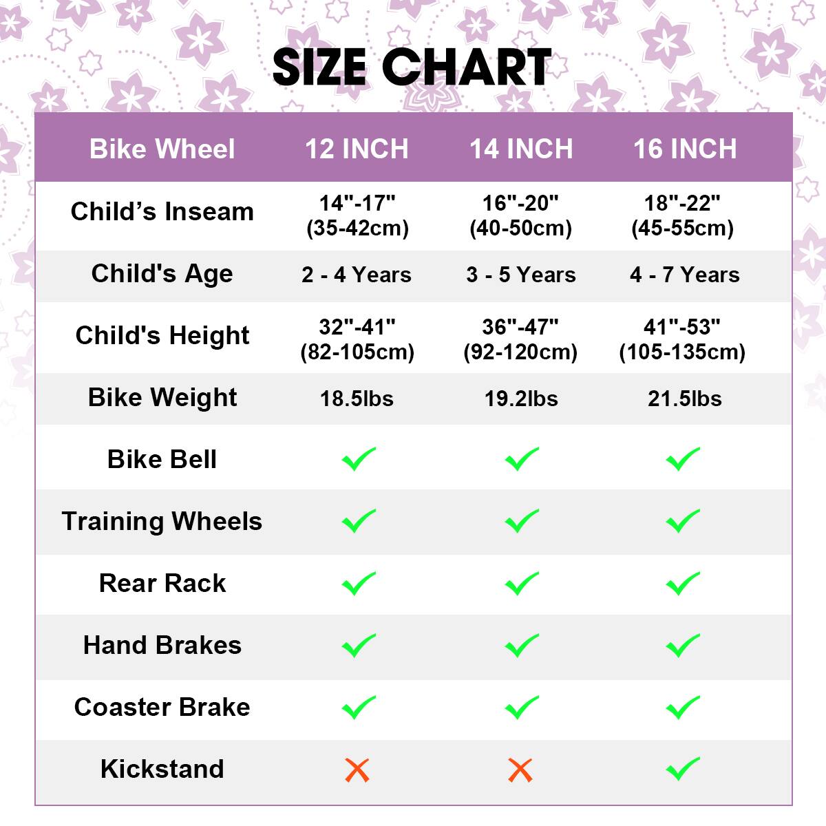 SIZE CHART

Bike Wheel | 12 INCH | 14 INCH | 16 INCH
--- | --- | --- | ---
Child's Inseam | 14"-17" (35-42cm) | 16"-20" (40-50cm) | 18"-22" (45-55cm)
Child's Age | 2 - 4 Years | 3 - 5 Years | 4 - 7 Years
Child's Height | 32"-41" (82-105cm) | 36"-47" (92-120cm) | 41"-53" (105-135cm)
Bike Weight | 18.5lbs | 19.2lbs | 21.5lbs

Bike Bell | ✓ | ✓ | ✓
Training Wheels | ✓ | ✓ | ✓
Rear Rack | ✓ | ✓ | ✓
Hand Brakes | ✓ | ✓ | ✓
Coaster Brake | ✓ | ✓ | ✓
Kickstand | ❌ | ❌ | ✓