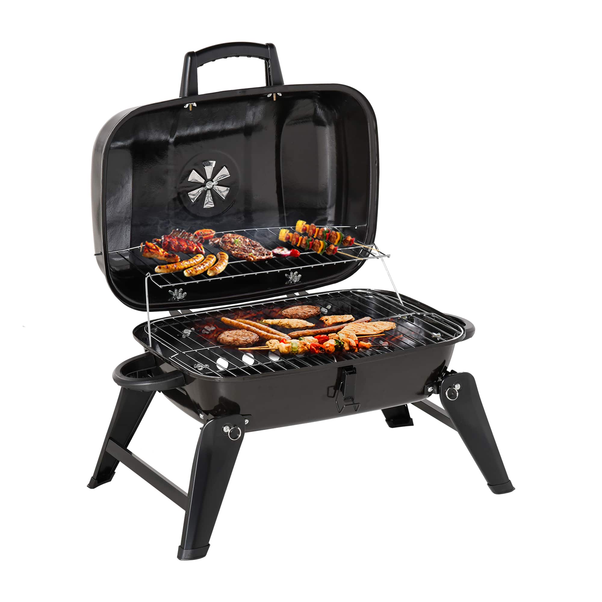 Outsunny - Portable Grill, Small Charcoal Grill for Outdoor Cooking, BBQ, Camping, Enamel Coated - Black