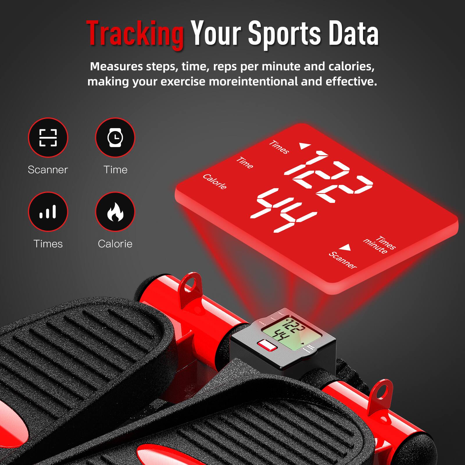 Tracking Your Sports Data  
Measures steps, time, reps per minute and calories, making your exercise more intentional and effective.  

Scanner  
Time  
Times  
Calorie  

Time: 122  
Time: 44  
Times per minute  
Scanner  
Time: 22