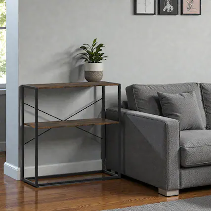 Front. Hivvago - Modern 36" Entryway Console Table Featuring Dual Wooden Shelves and Metal Base - Rustic Brown.