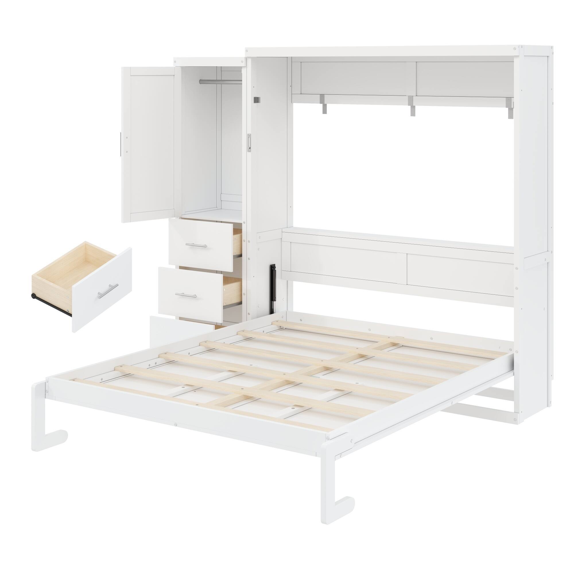 Back. Whisen - Queen Size Murphy Bed with Wardrobe and Drawers, Space-Saving Folding Bed for Guest Room and Small Spaces - White.
