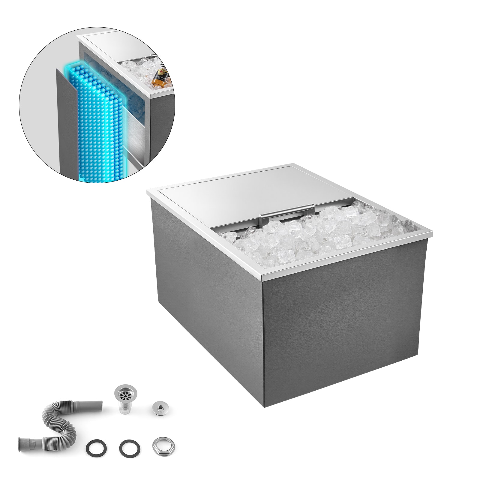 VEVOR - Drop in Ice Chest, 24"L x 18"W x 13"H Stainless Steel Drop in Cooler, 57.8 Quart Commercial Ice Bin - Silver