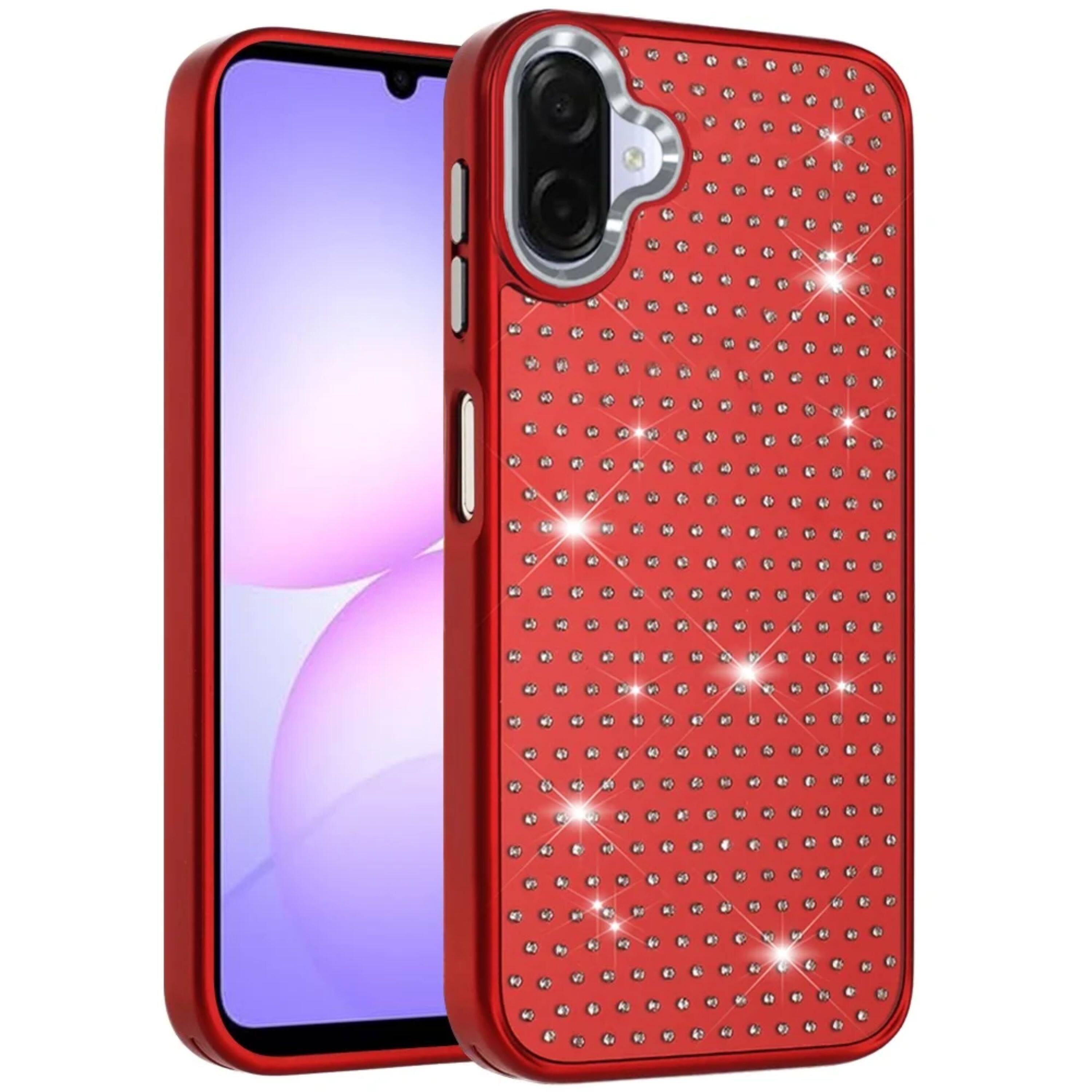 Angle. Kitcheniva - Faux Crystals Chrome Plated Cover Phone Case With Tempered Glass For Samsung Galaxy A07 Red - Red.