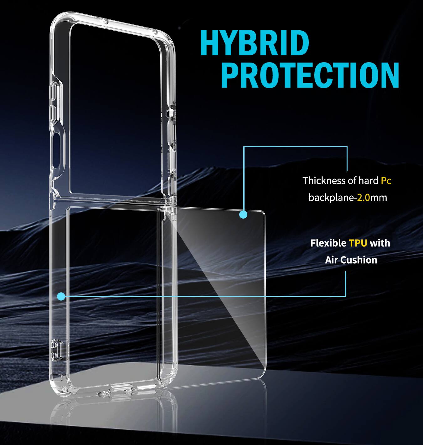HYBRID PROTECTION

Thickness of hard PC backplane-2.0mm

Flexible TPU with Air Cushion