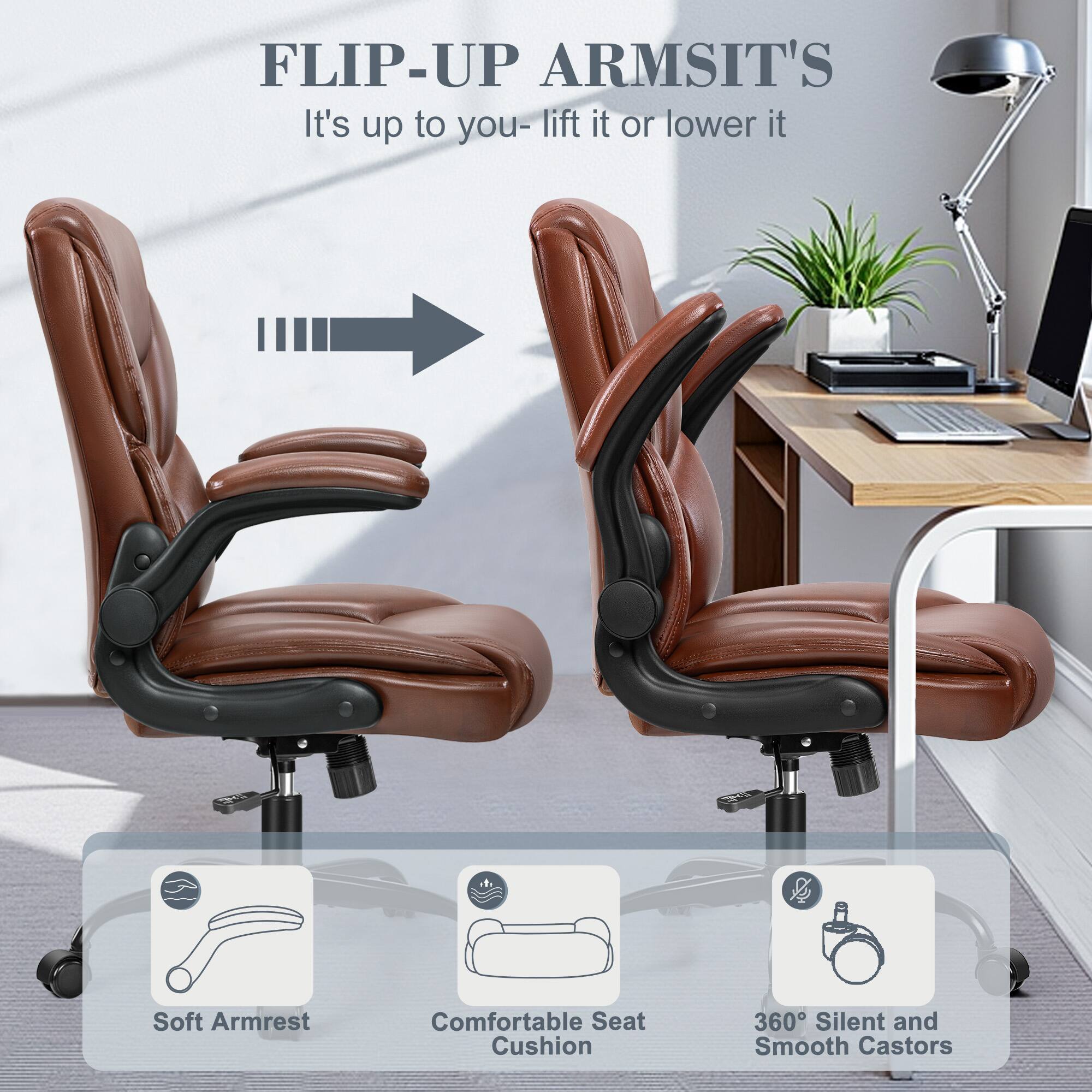 KERDOM - PU Leather Ergonomic Home Desk Chair, Tilt Small Computer Chair Adjustable Height, Rolling Swivel & Flip-Up Padded Arms - Brown - Thumbnail 3