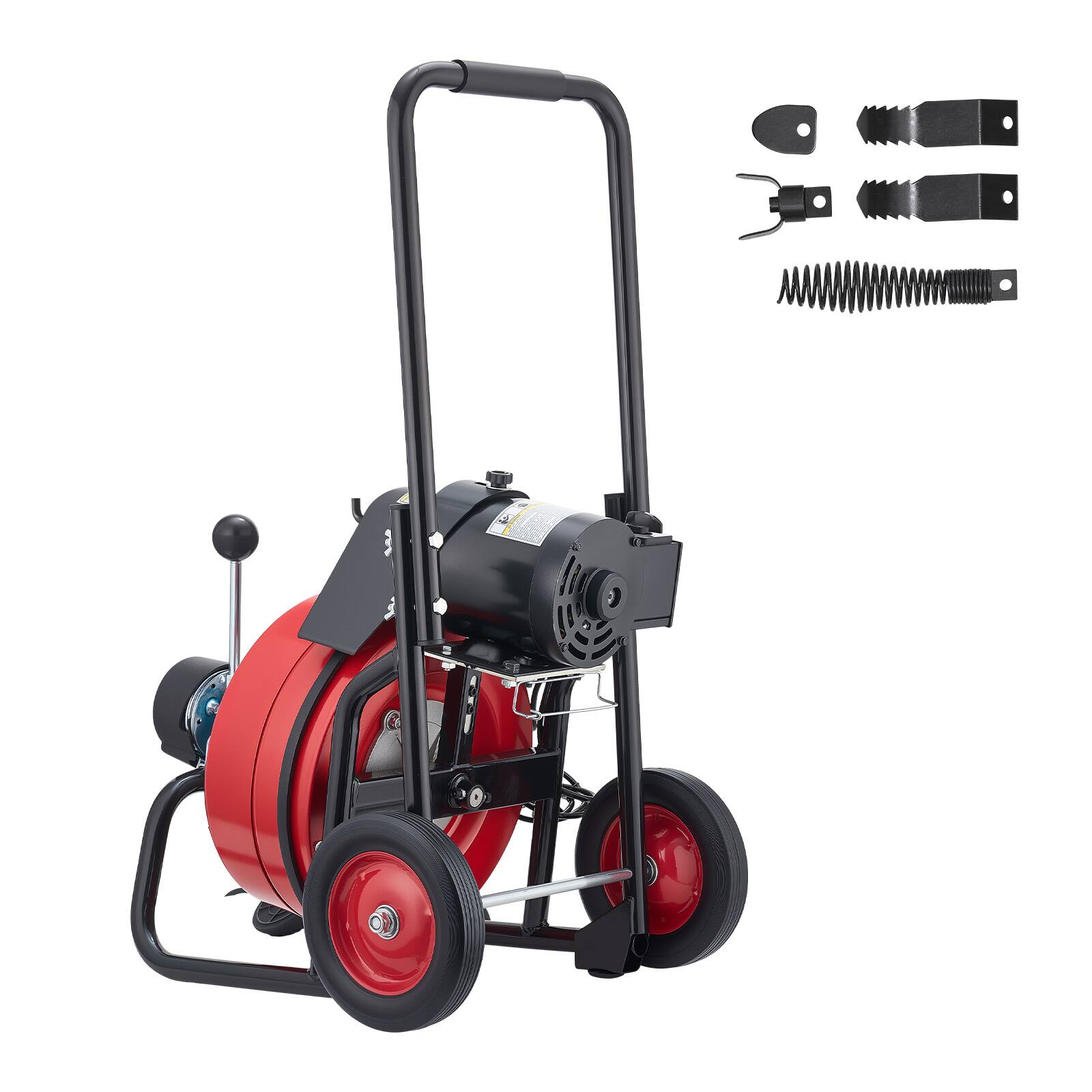 Alt View 5. VEVOR - Drain Cleaner Machine 50 FT x 1/2 Inch, Auto Feed Sewer Snake Auger on Wheels, Portable Drain Cleaning Machine - Black stand + red drum.