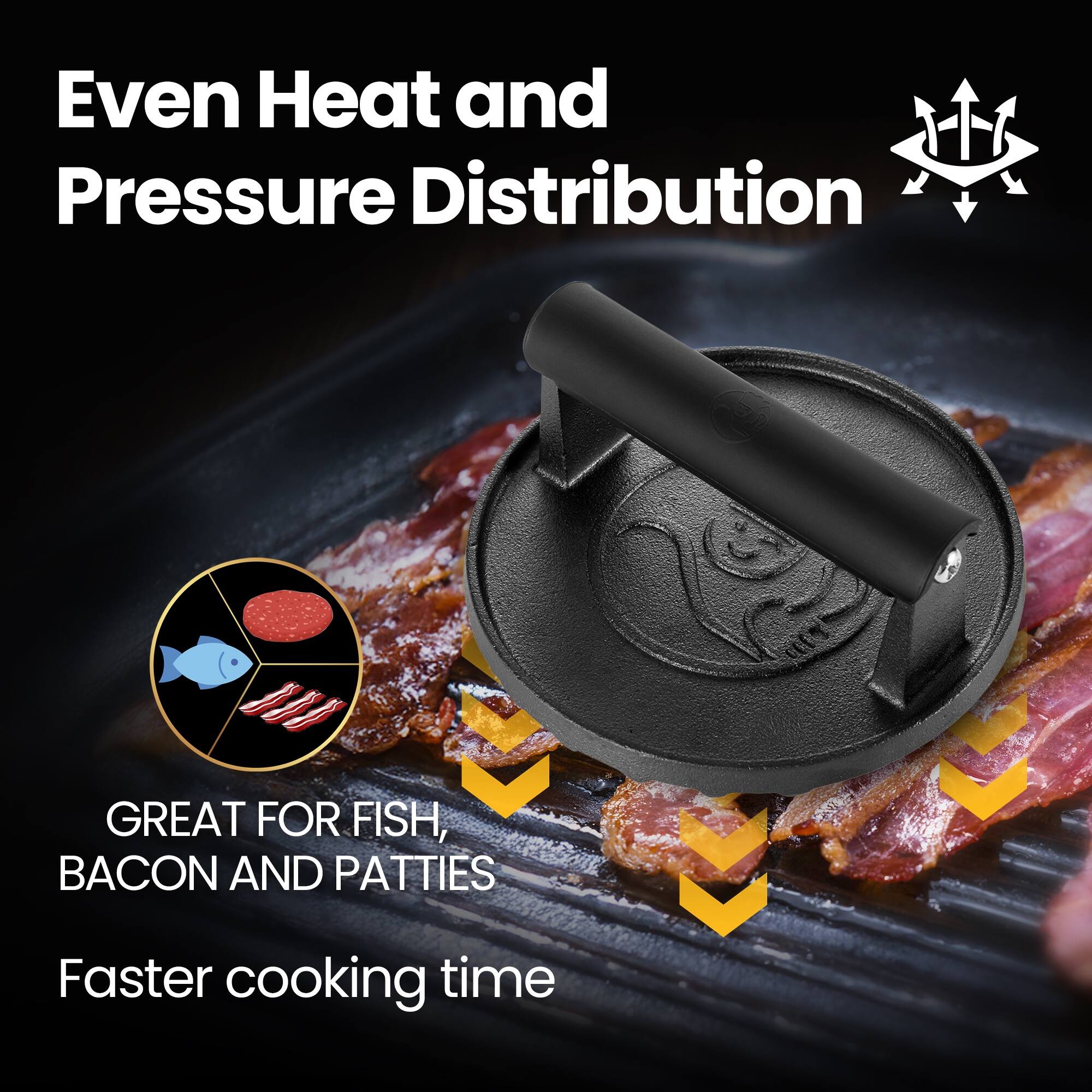 Left. Gourmet Easy - Smash Burger Press for Griddle, 2 lb Heavy Duty Burger Smasher Tool with Heat-Resistant Handle, Premium Cast Iron - Black.