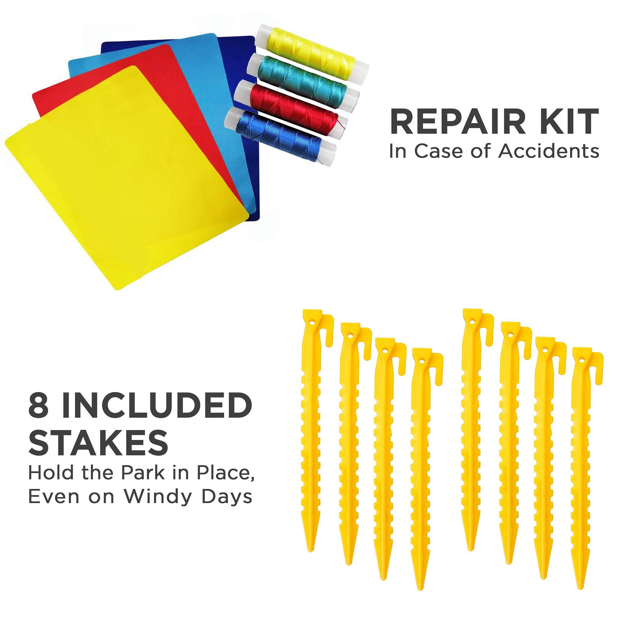 REPAIR KIT In Case of Accidents

8 INCLUDED STAKES
Hold the Park in Place, Even on Windy Days