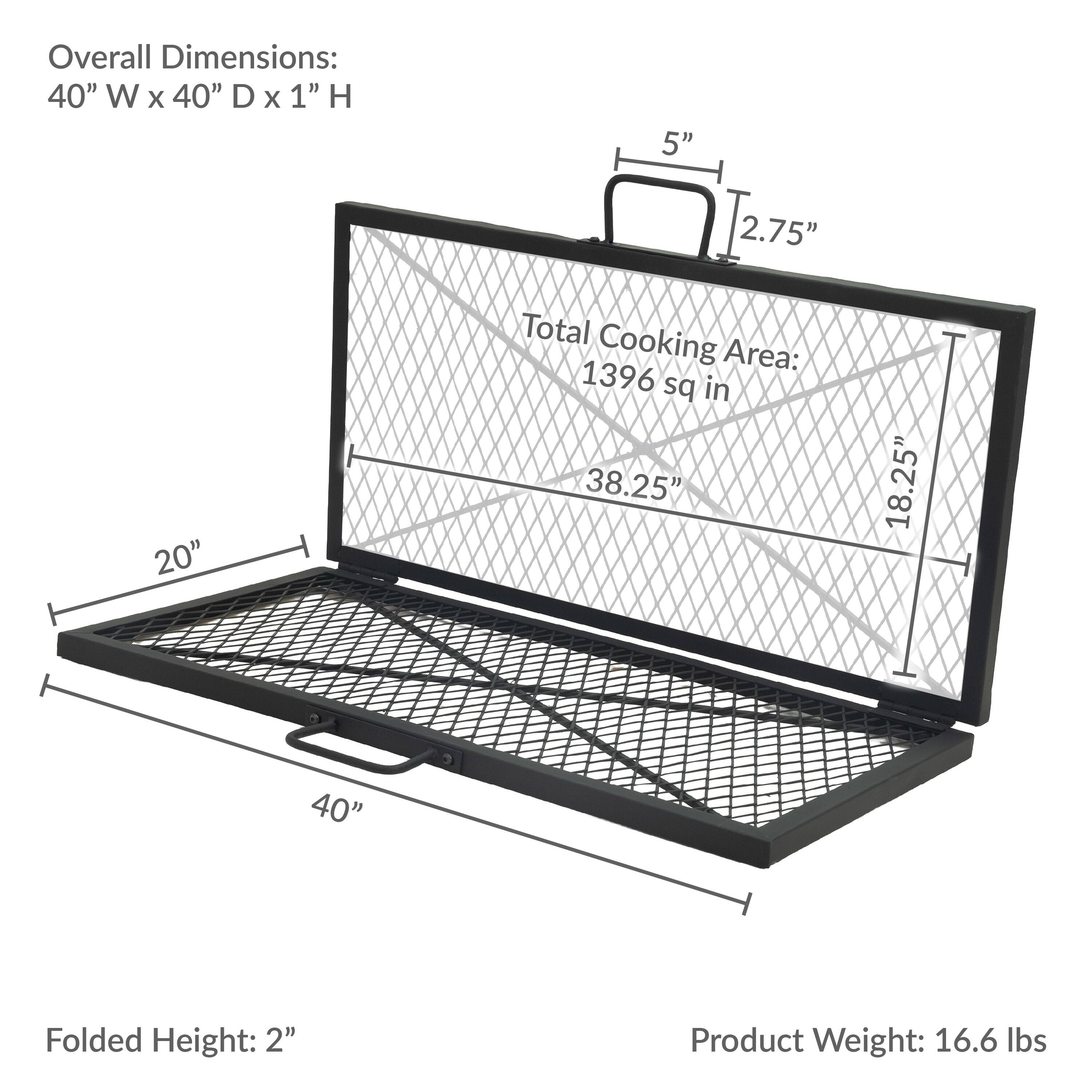 Overall Dimensions: 40" W x 40" D x 1" H  
Total Cooking Area: 1396 sq in (38.25" x 18.25" x 40")  
Folded Height: 2"  
Product Weight: 16.6 lbs