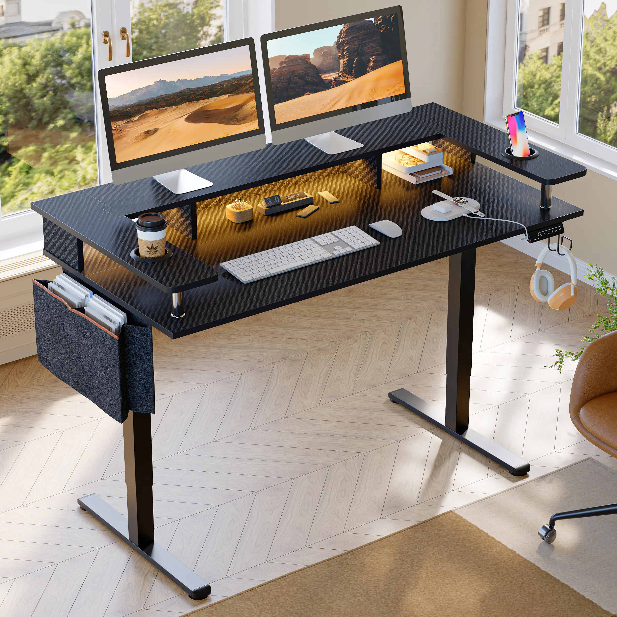 Bestier - 58" wide Electric Standing Desk Adjustable with LED Light Storage and Monitor Stand - Black