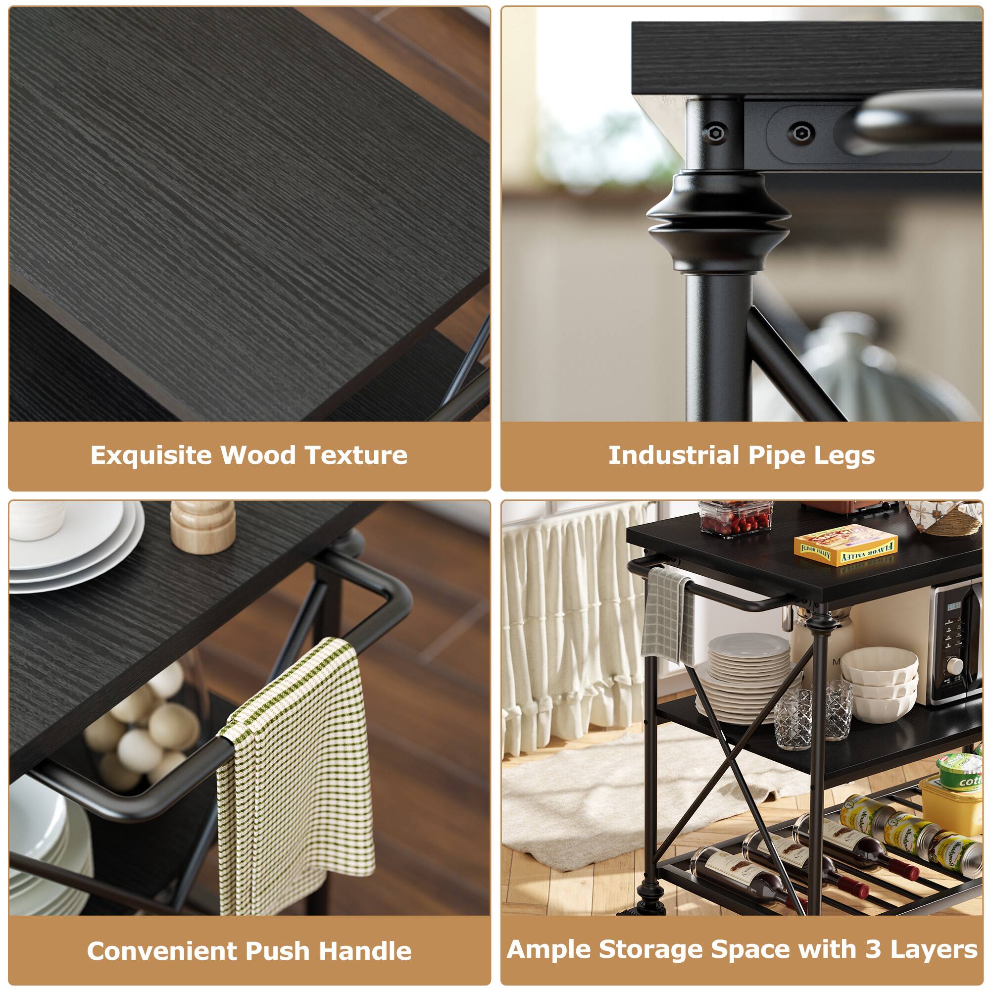 Exquisite Wood Texture  
Industrial Pipe Legs  
Convenient Push Handle  
Ample Storage Space with 3 Layers