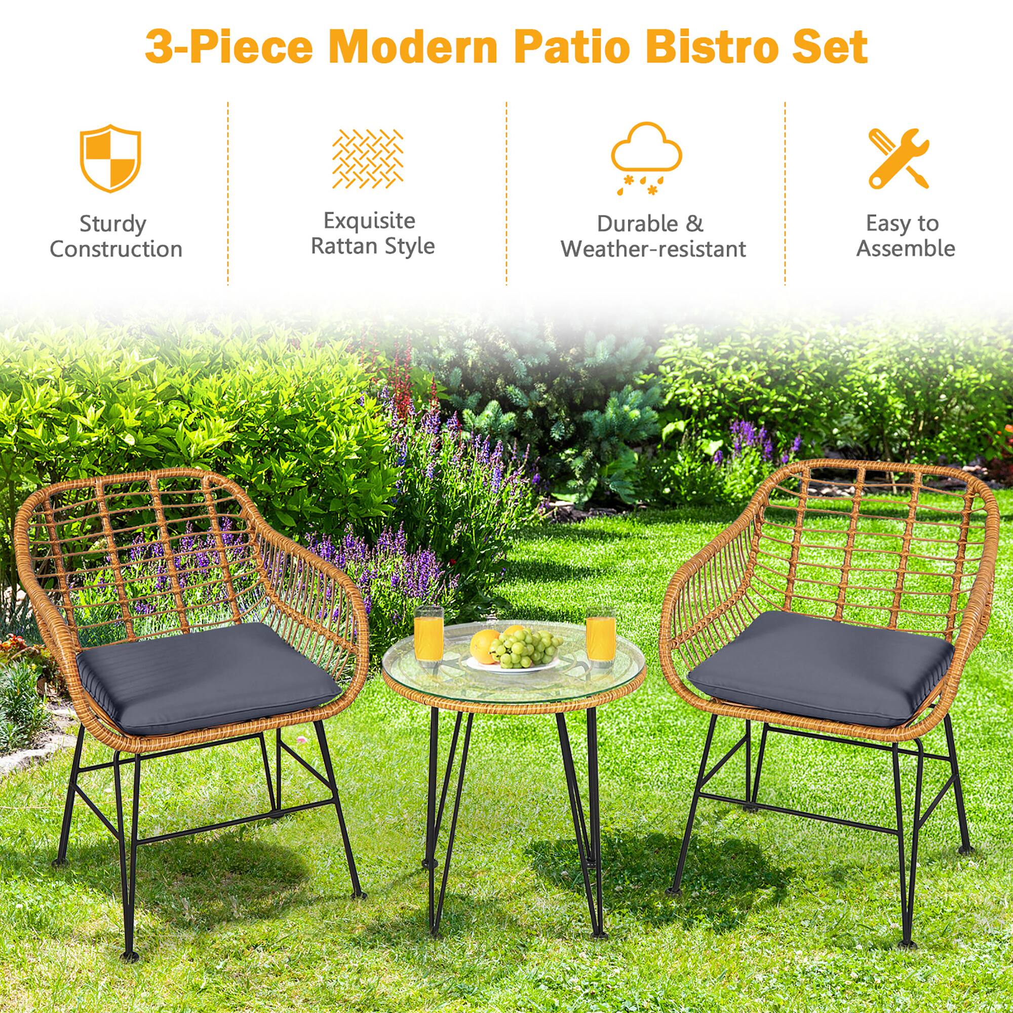 3-Piece Modern Patio Bistro Set

- Sturdy Construction
- Exquisite Rattan Style
- Durable & Weather-resistant
- Easy to Assemble
