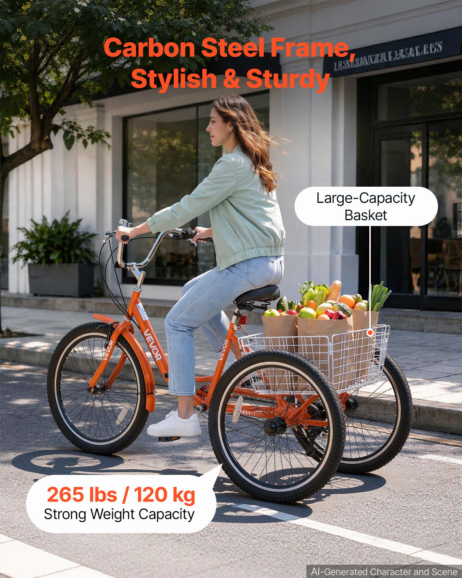 Carbon Steel Frame, Stylish & Sturdy

Large-Capacity Basket

265 lbs / 120 kg Strong Weight Capacity

AI-Generated Character and Scene