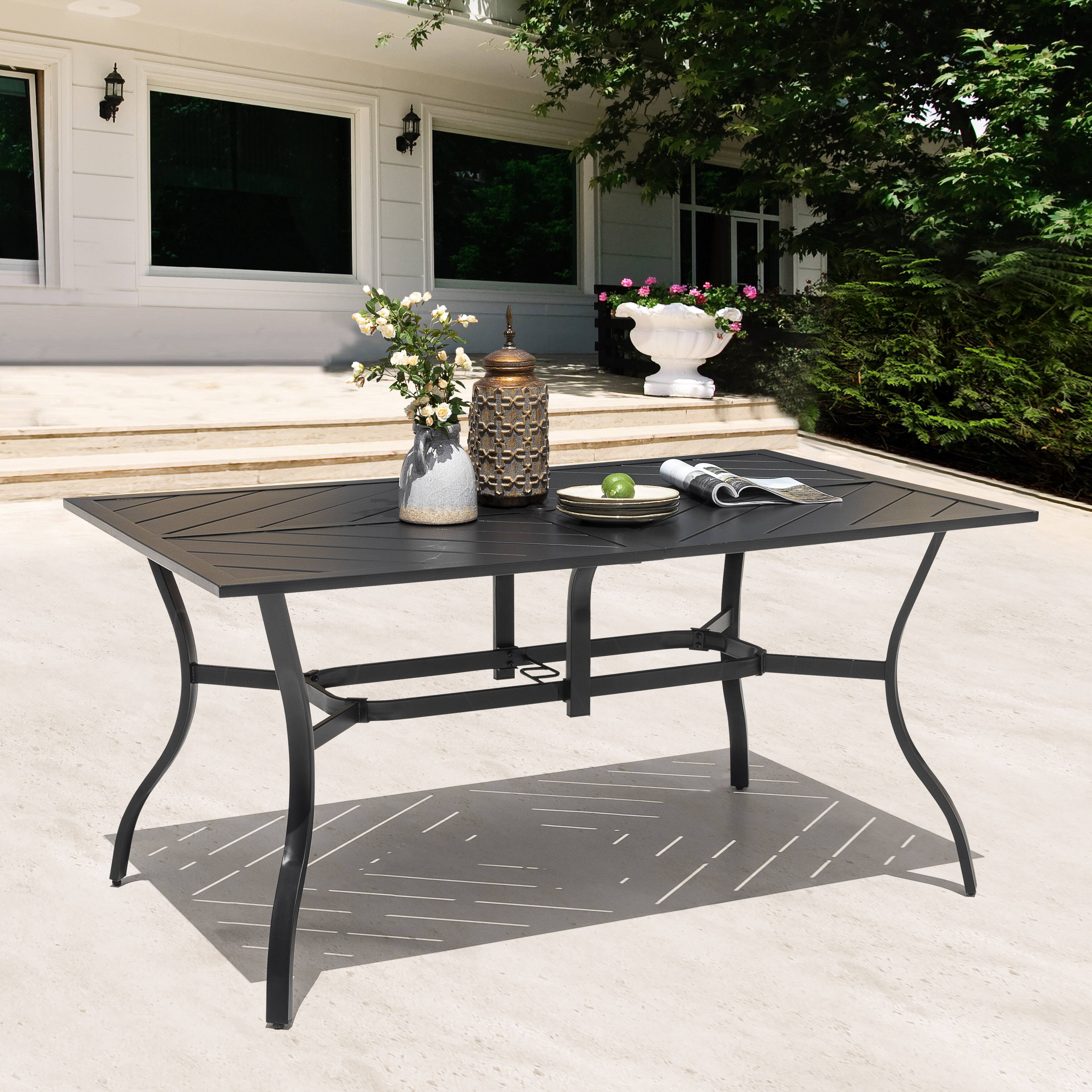 Left. Nuu Garden - Outdoor Rectangle Iron Dining Table, 61'' x 37'' Splice Tabletop with 1.8'' Umbrella Hole - Black.