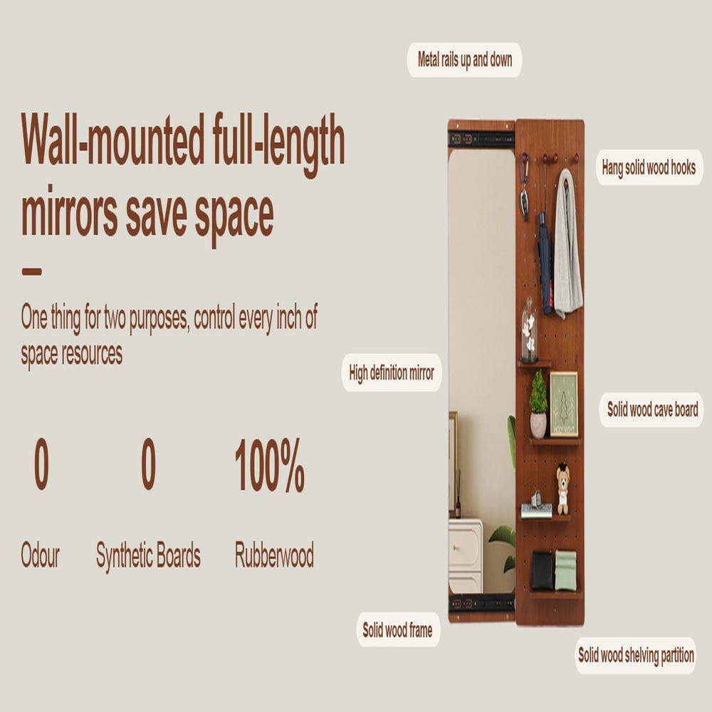 Wall-mounted full-length mirrors save space

One thing for two purposes, control every inch of space resources

0 Odour
0 Synthetic Boards
100% Rubberwood

Metal rails up and down
Hang solid wood hooks
High definition mirror
Solid wood cave board
Solid wood frame
Solid wood shelving partition