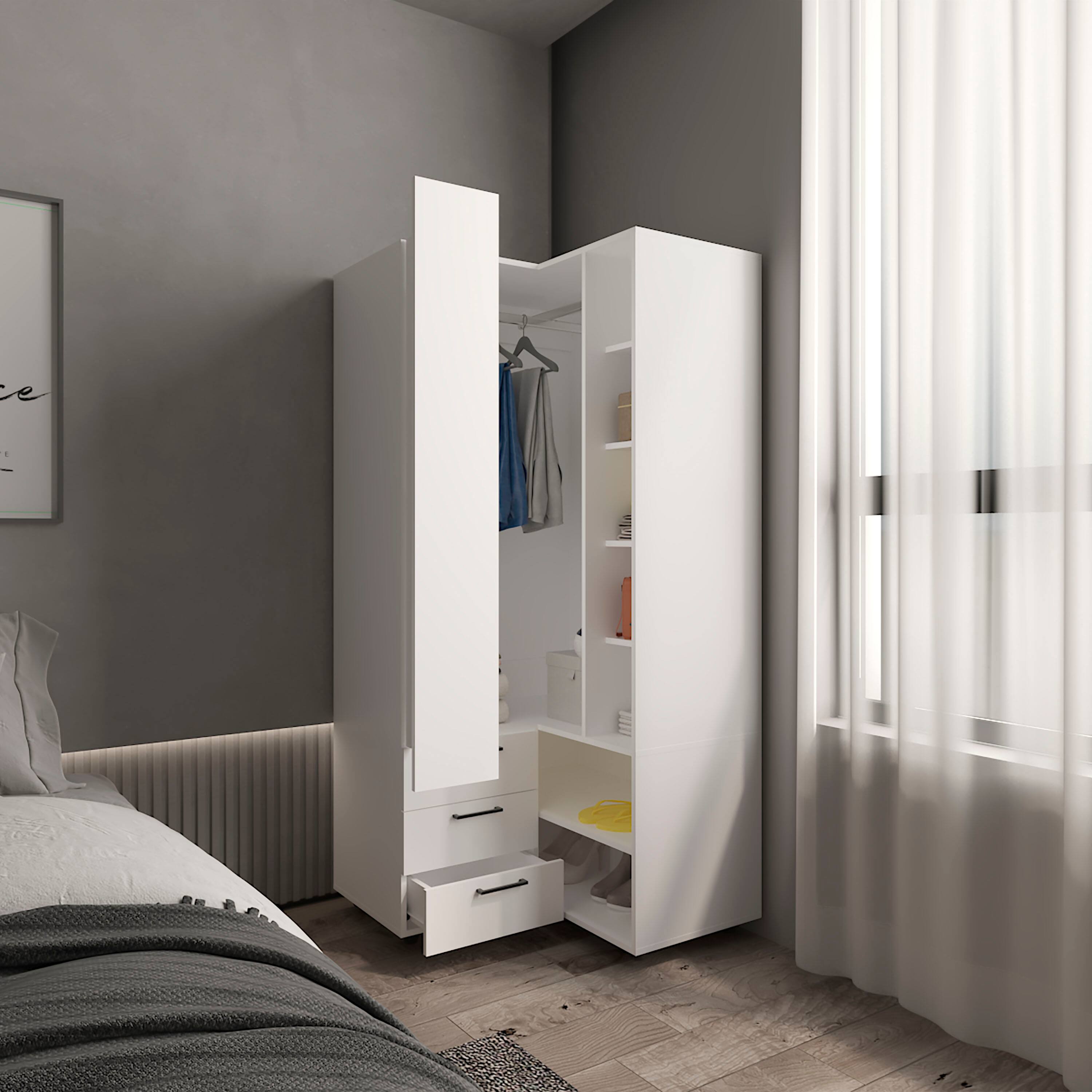 Back. TuHome - Toulouse Corner Armoire With Double Doors And Interior Shelves, Space-Saving Wardrobe - White.