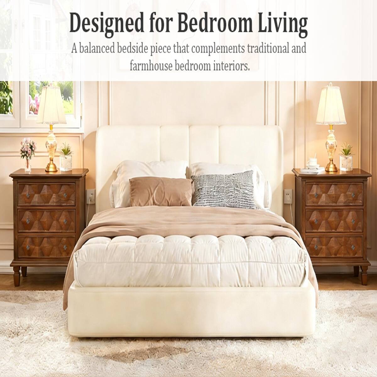 Designed for Bedroom Living  
A balanced bedside piece that complements traditional and farmhouse bedroom interiors.