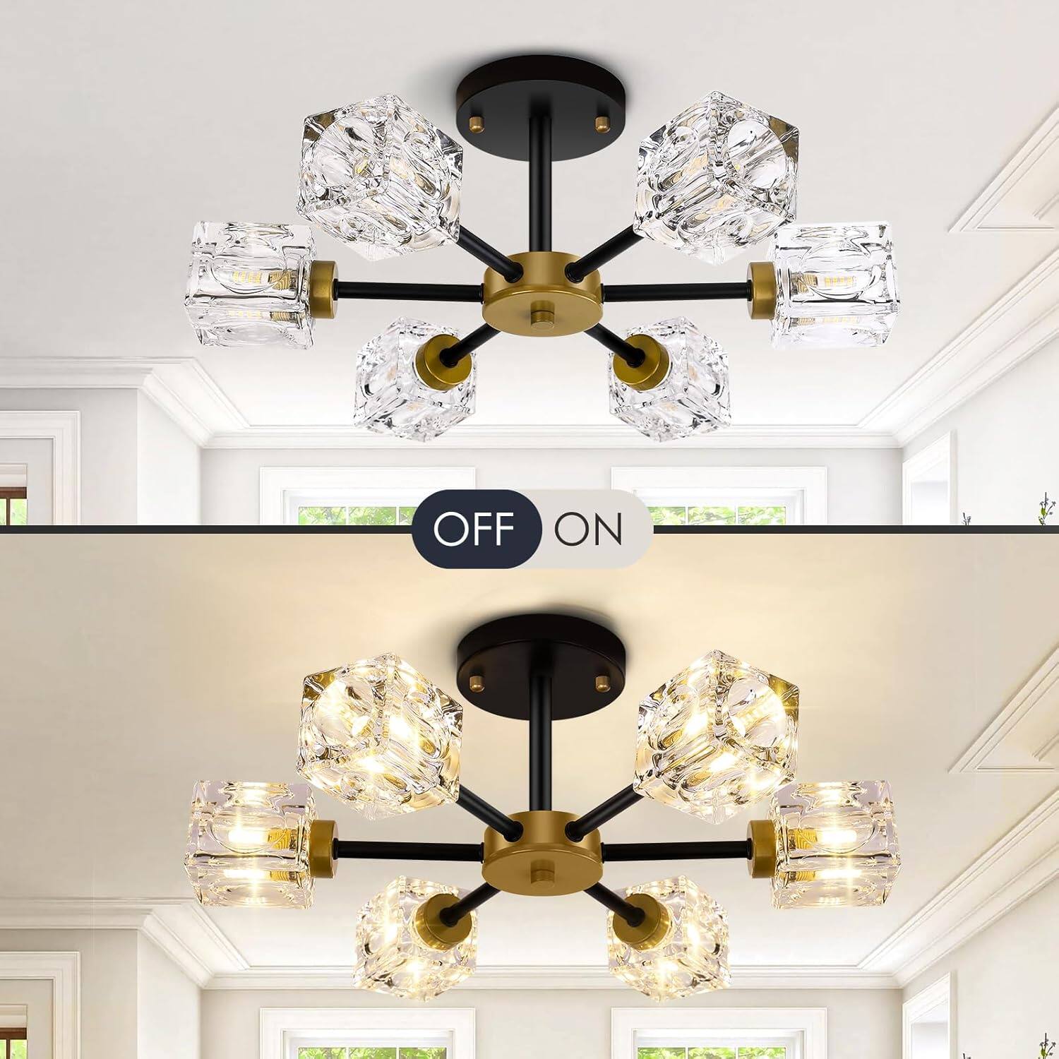 Alt View 2. Nordic Hygge - Black Modern 6-Light Crystal Semi-Flush Mount Ceiling Light.
