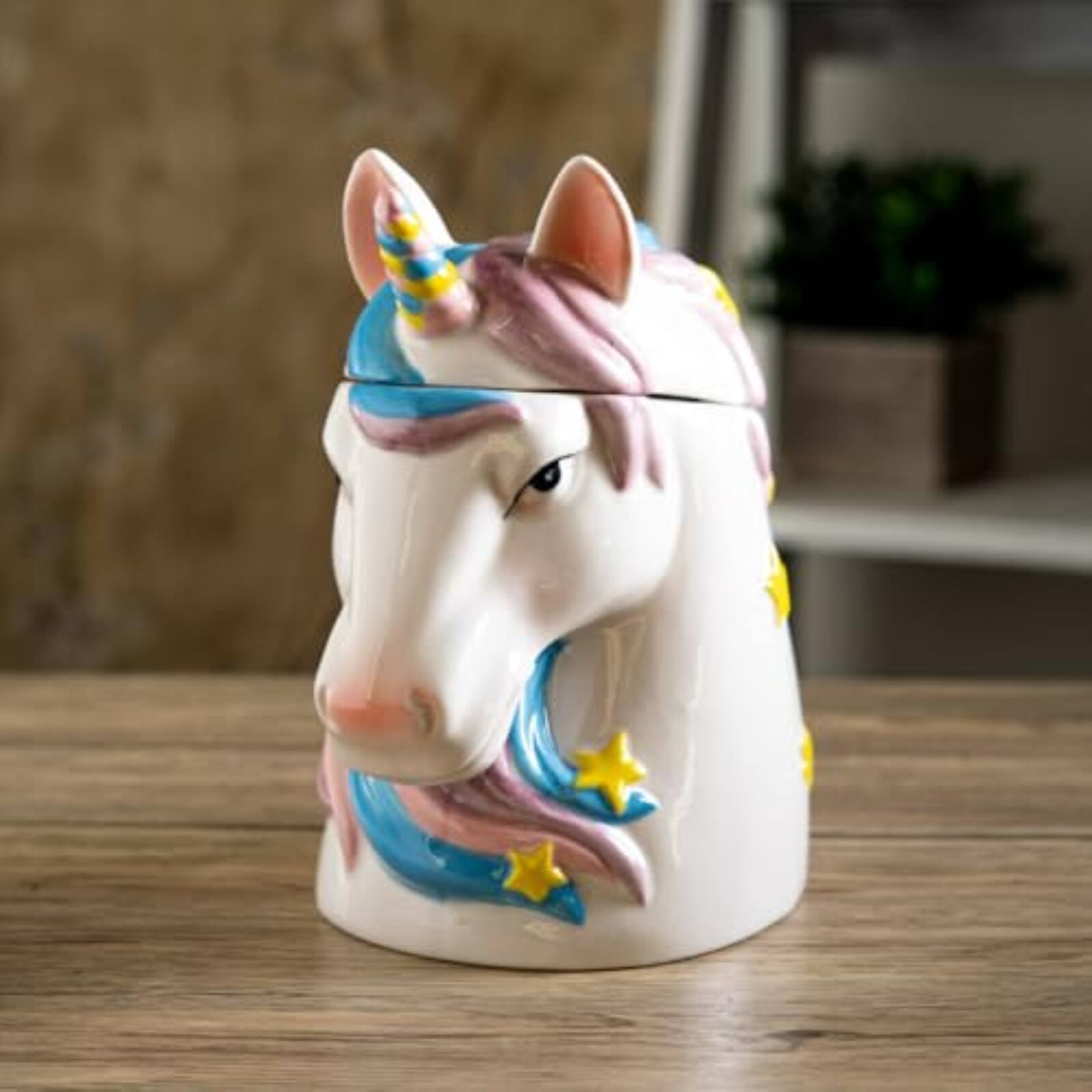 Alt View 1. Pacific Trading - Magical Unicorn Ceramic Cookie Jar, White with Pink and Blue Mane, Yellow Stars, Decorative Kitchen Storage Container - White.