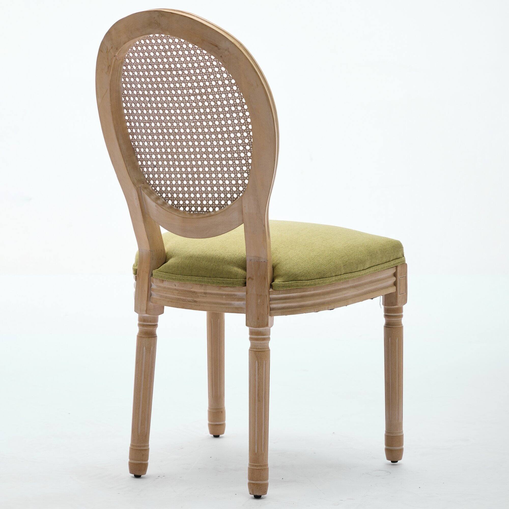 Alt View 2. GOODSILO - French Style Solid Wood Dining Chairs with Linen Upholstery and Rattan Backrest, Set of 2 - Olive Green.