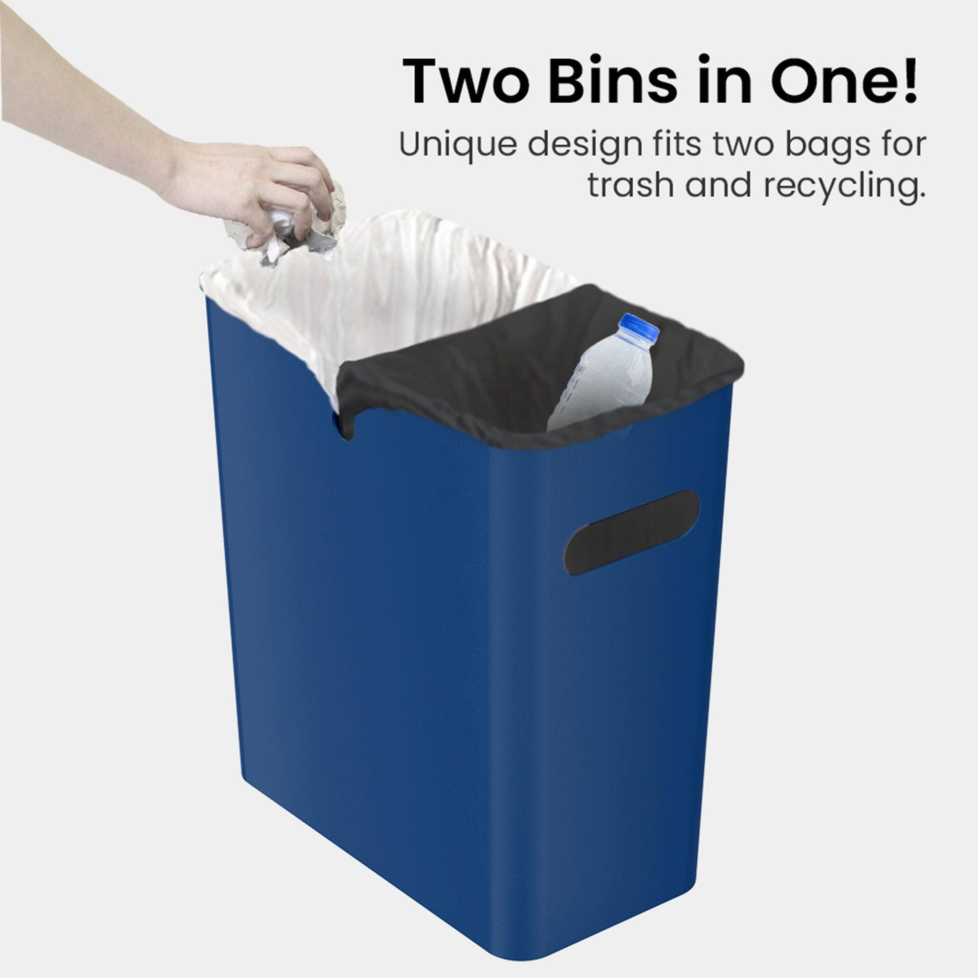 Two Bins in One!  
Unique design fits two bags for trash and recycling.