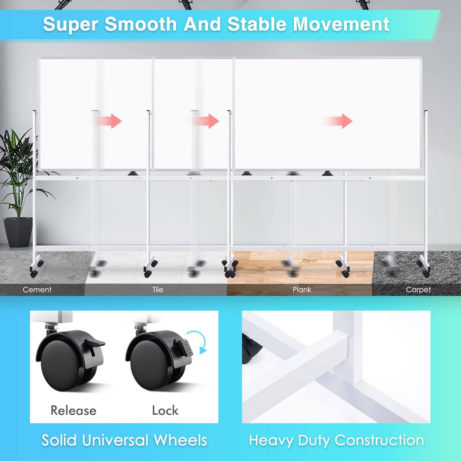 Super Smooth And Stable Movement  
Cement Tile Plank Carpet  
Release Lock  
Solid Universal Wheels  
Heavy Duty Construction