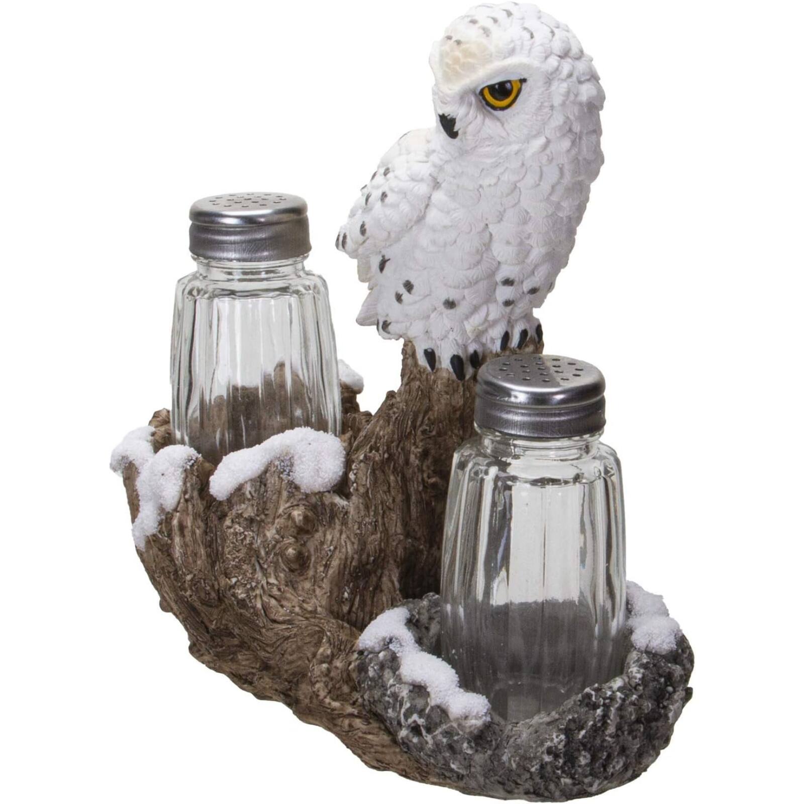 Alt View 1. Pacific Trading - Snow White Owlet Owl On Snowy Branch Glass Salt Pepper Shakers with Holder - White.