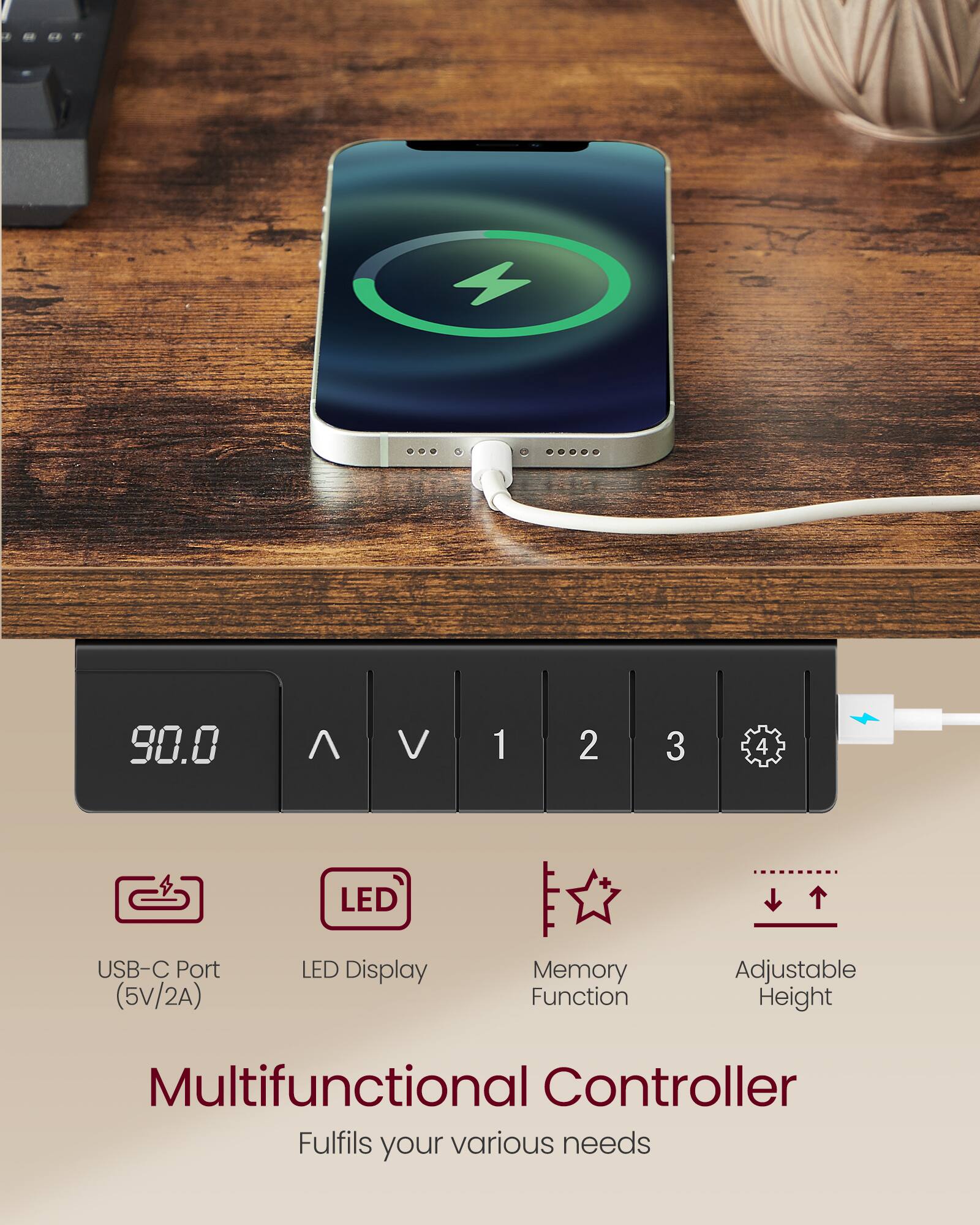 80.0 ^ V 1 2 3 4 LED USB-C Port (5V/2A) LED Display Memory Function Adjustable Height Multifunctional Controller Fulfils your various needs