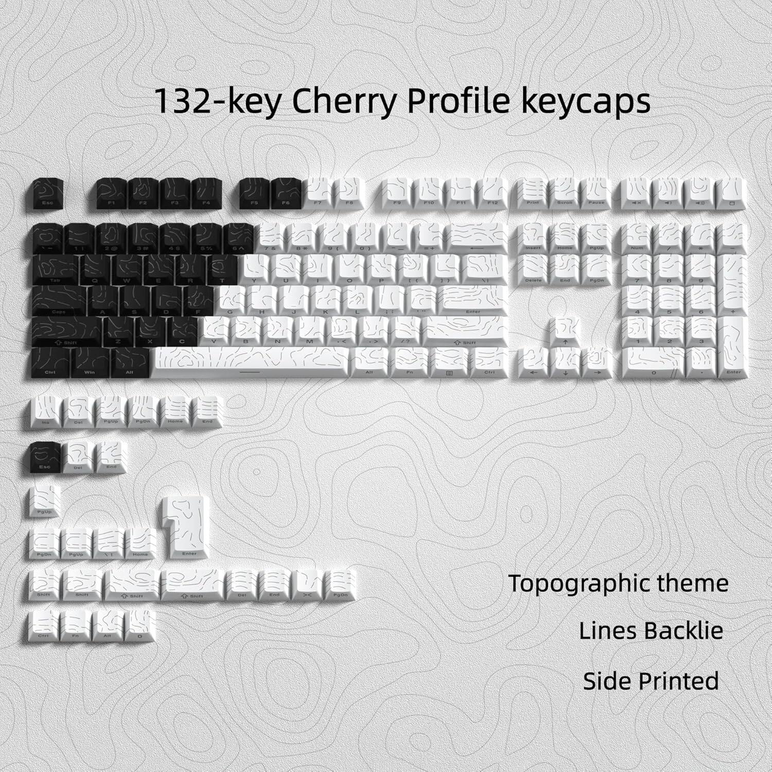 132-key Cherry Profile keycaps

Topographic theme
Lines Backlie
Side Printed