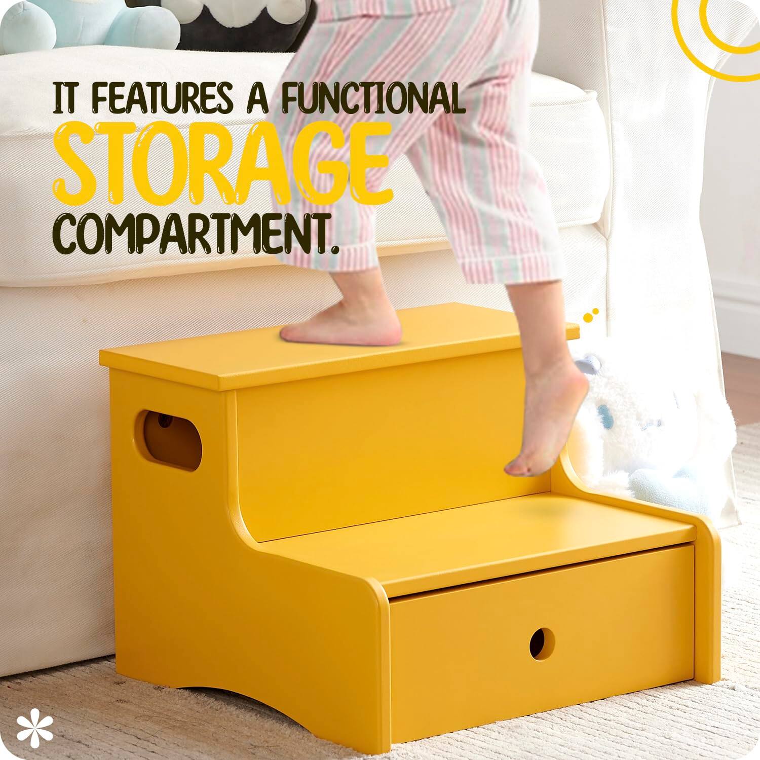It features a functional storage compartment.