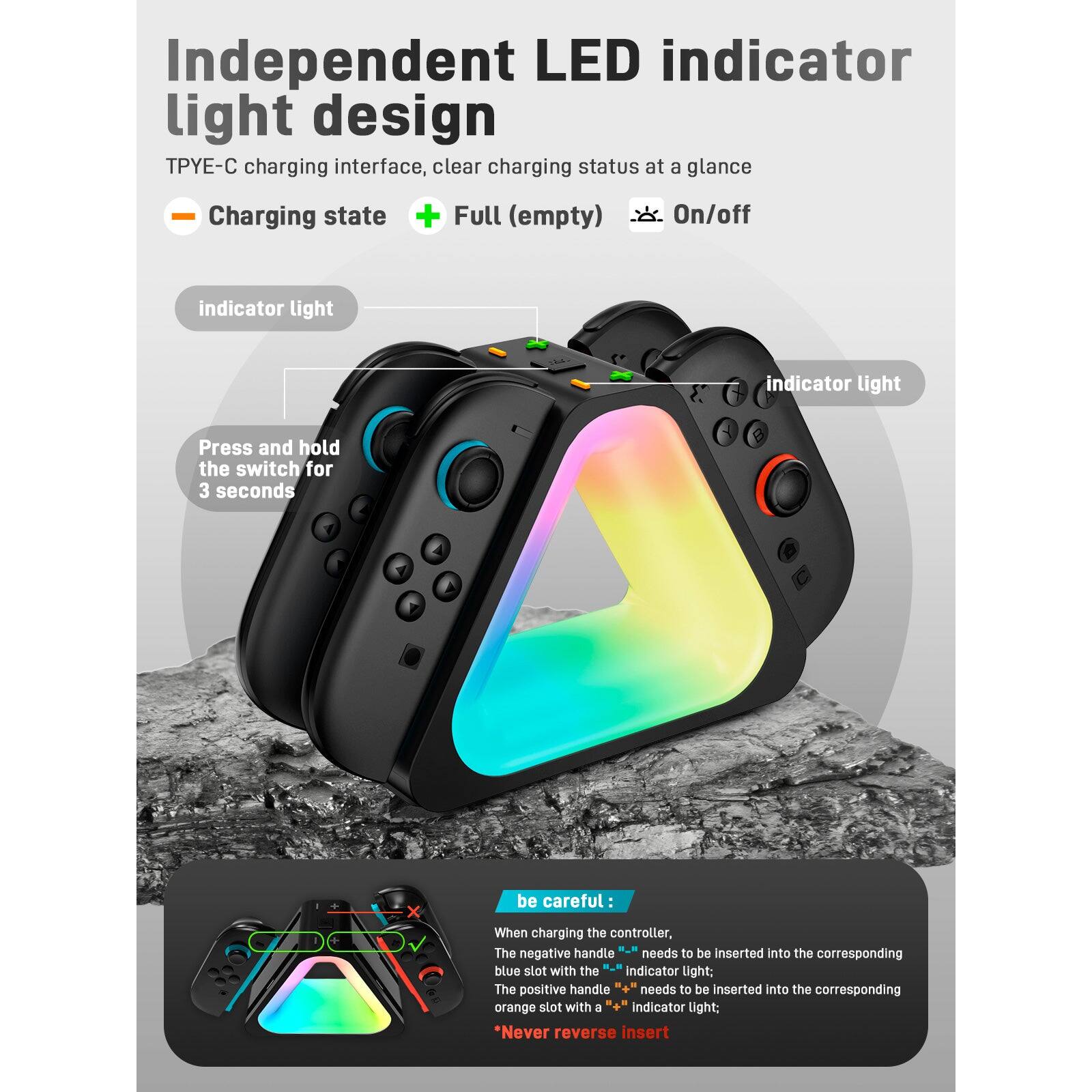 Independent LED indicator light design

TPYE-C charging interface, clear charging status at a glance

- Charging state
- Full (empty)
- On/off

Press and hold the switch for 3 seconds

When charging the controller, the handle needs to be inserted into the corresponding blue slot with the indicator light: The positive handle needs to be inserted into the corresponding orange slot with an indicator light: *Never reverse insert

be careful: